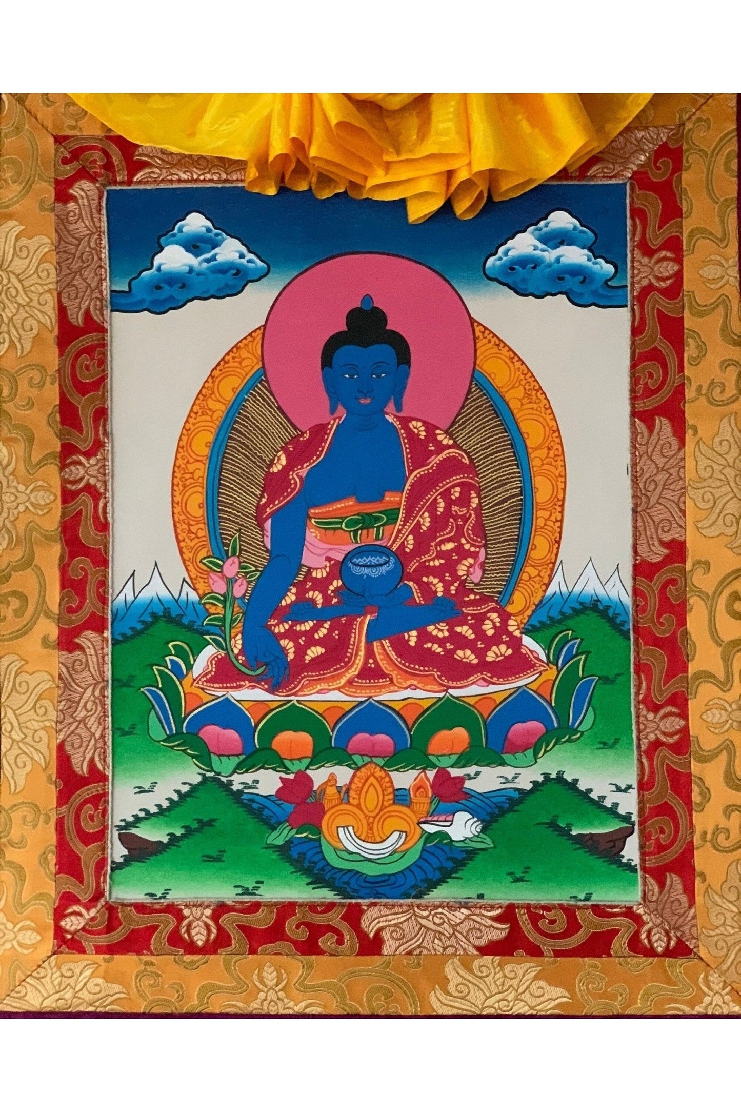 Medicine Buddha/ Medicine Guru/ Tibetan Thangka Painting Original Buddhist Art Framed with Silk Brocade - Tibetan Thangka Art