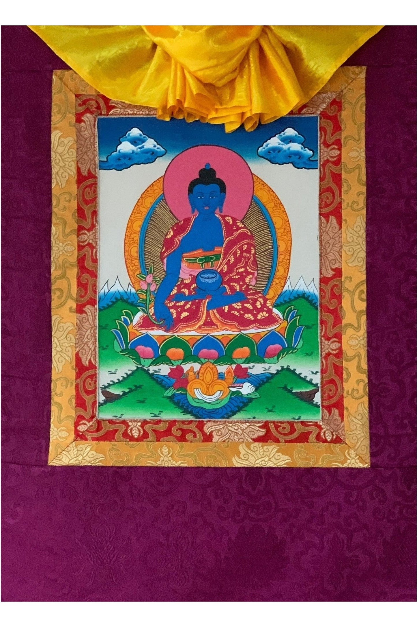 Medicine Buddha/ Medicine Guru/ Tibetan Thangka Painting Original Buddhist Art Framed with Silk Brocade - Tibetan Thangka Art