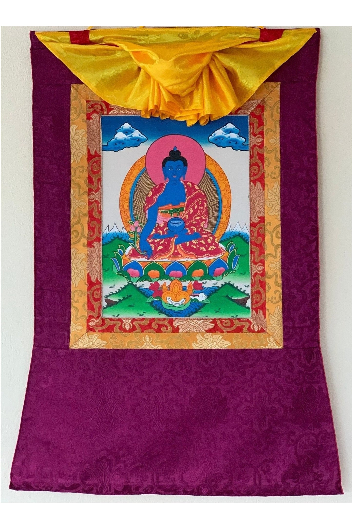 Medicine Buddha/ Medicine Guru/ Tibetan Thangka Painting Original Buddhist Art Framed with Silk Brocade - Tibetan Thangka Art