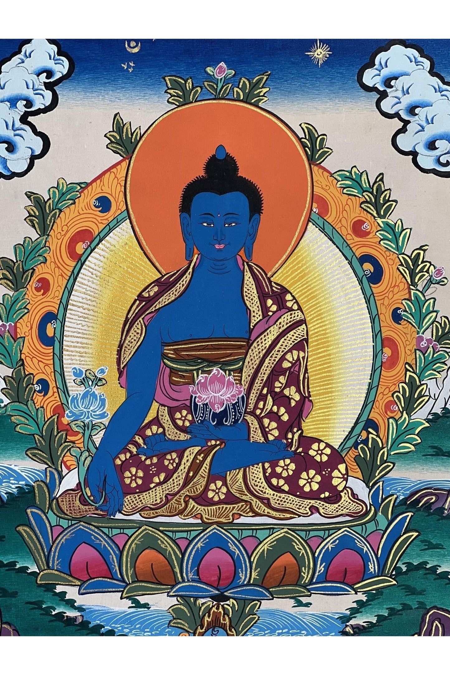 Medicine Buddha/ Medicine Master/ Bhaisajyaguru Tibetan Thangka Painting Original Hand Painted Buddhist Meditation Art - Tibetan Thangka Art