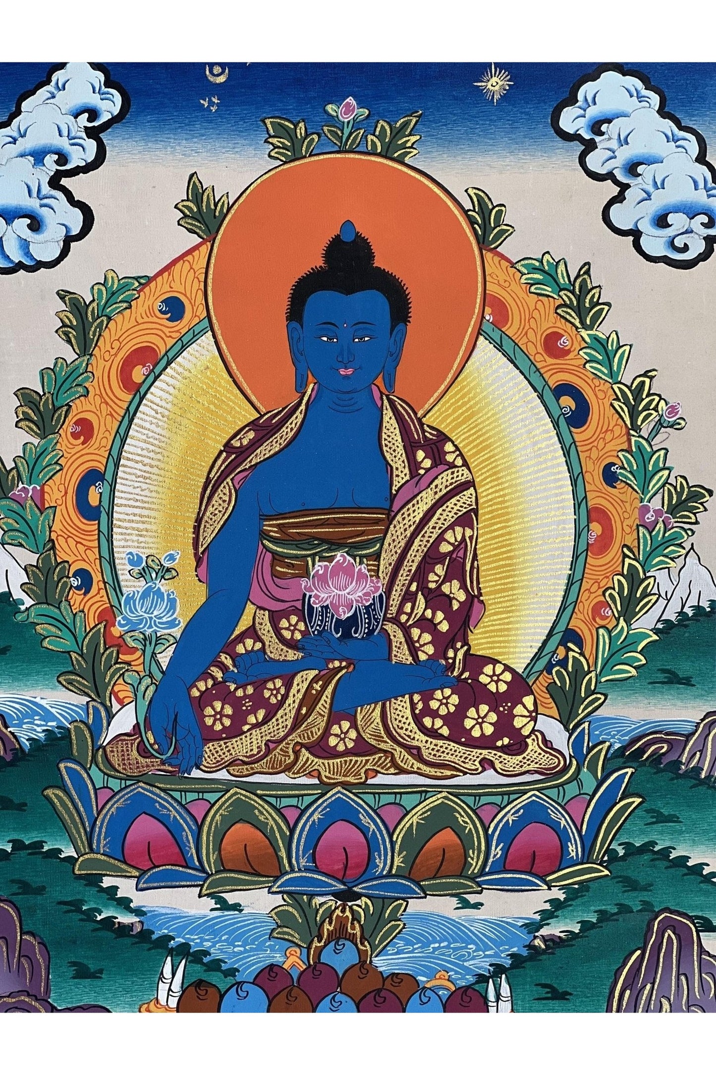 Medicine Buddha/ Medicine Master/ Bhaisajyaguru Tibetan Thangka Painting Original Hand Painted Buddhist Meditation Art - Tibetan Thangka Art