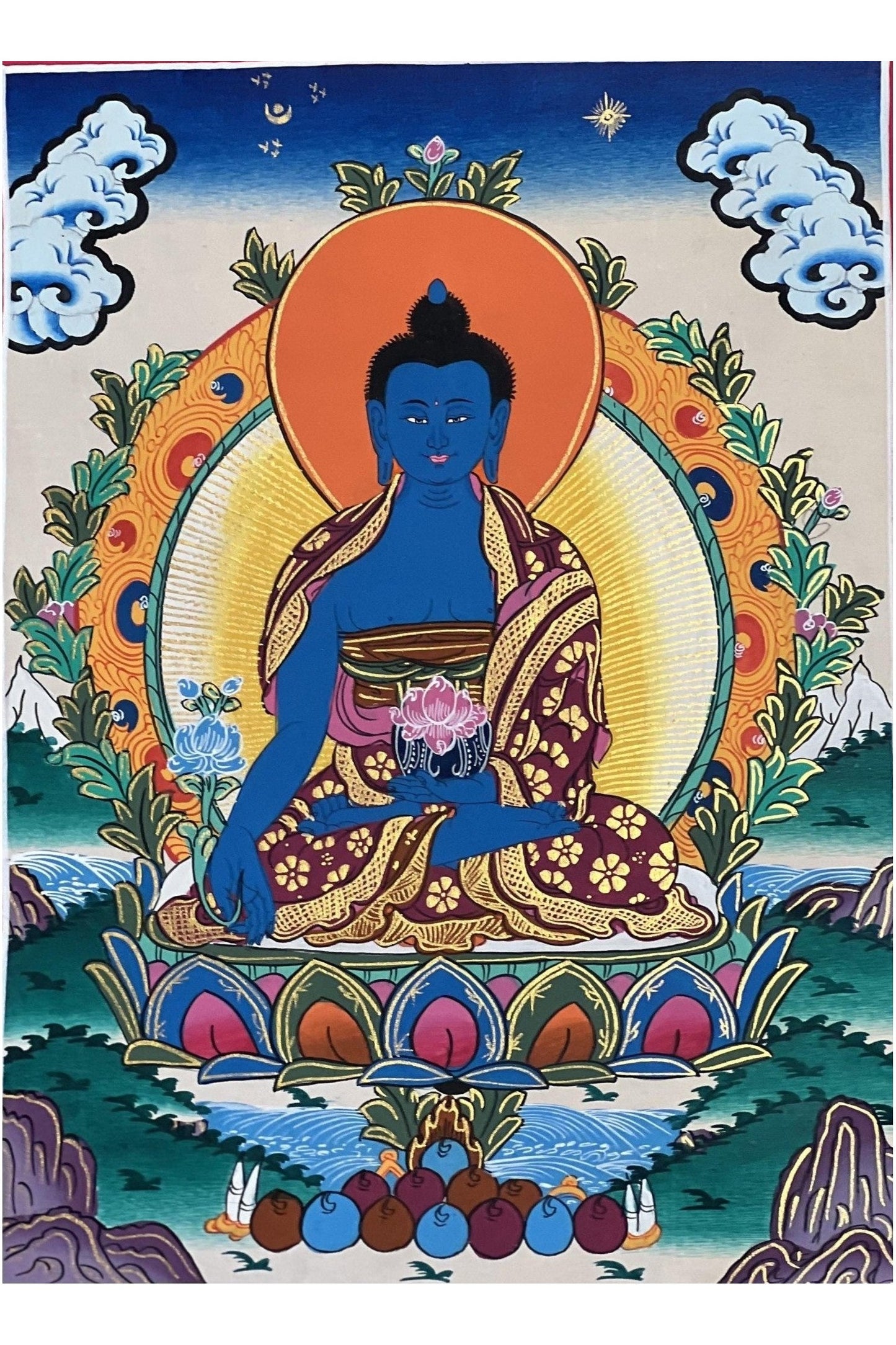 Medicine Buddha/ Medicine Master/ Bhaisajyaguru Tibetan Thangka Painting Original Hand Painted Buddhist Meditation Art - Tibetan Thangka Art