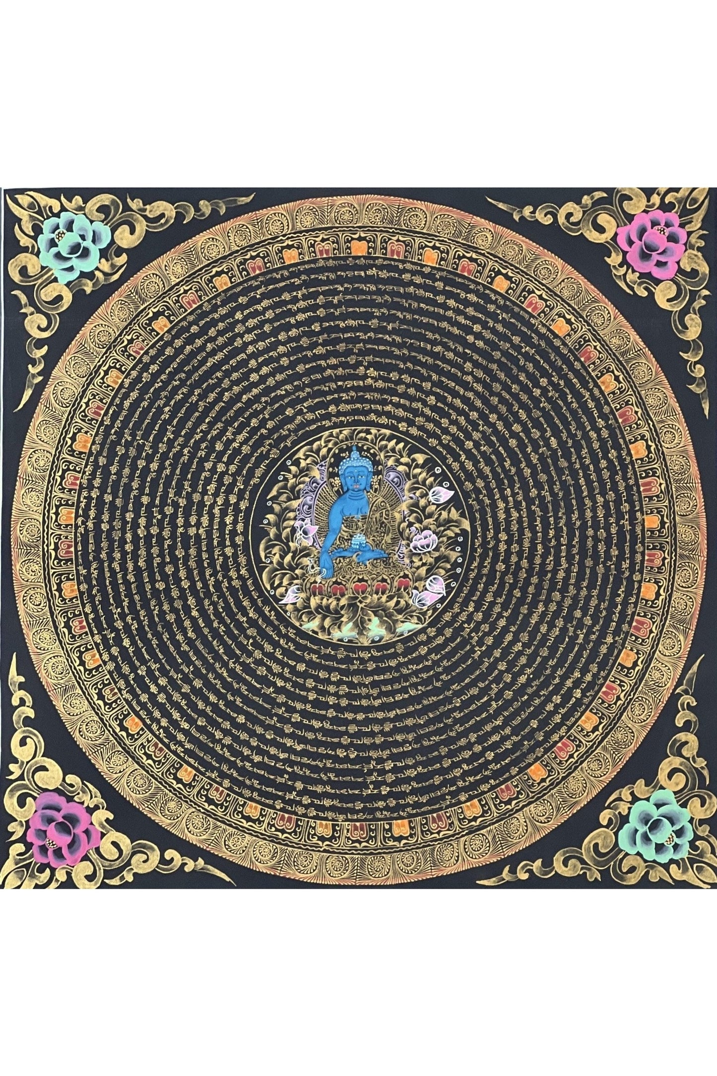 Medicine Buddha OM mani Padme Huma Mantra Mandala Buddhist Meditation Thangka Painting Original Art/ Wall Hanging/Home Décor - Tibetan Thangka Art