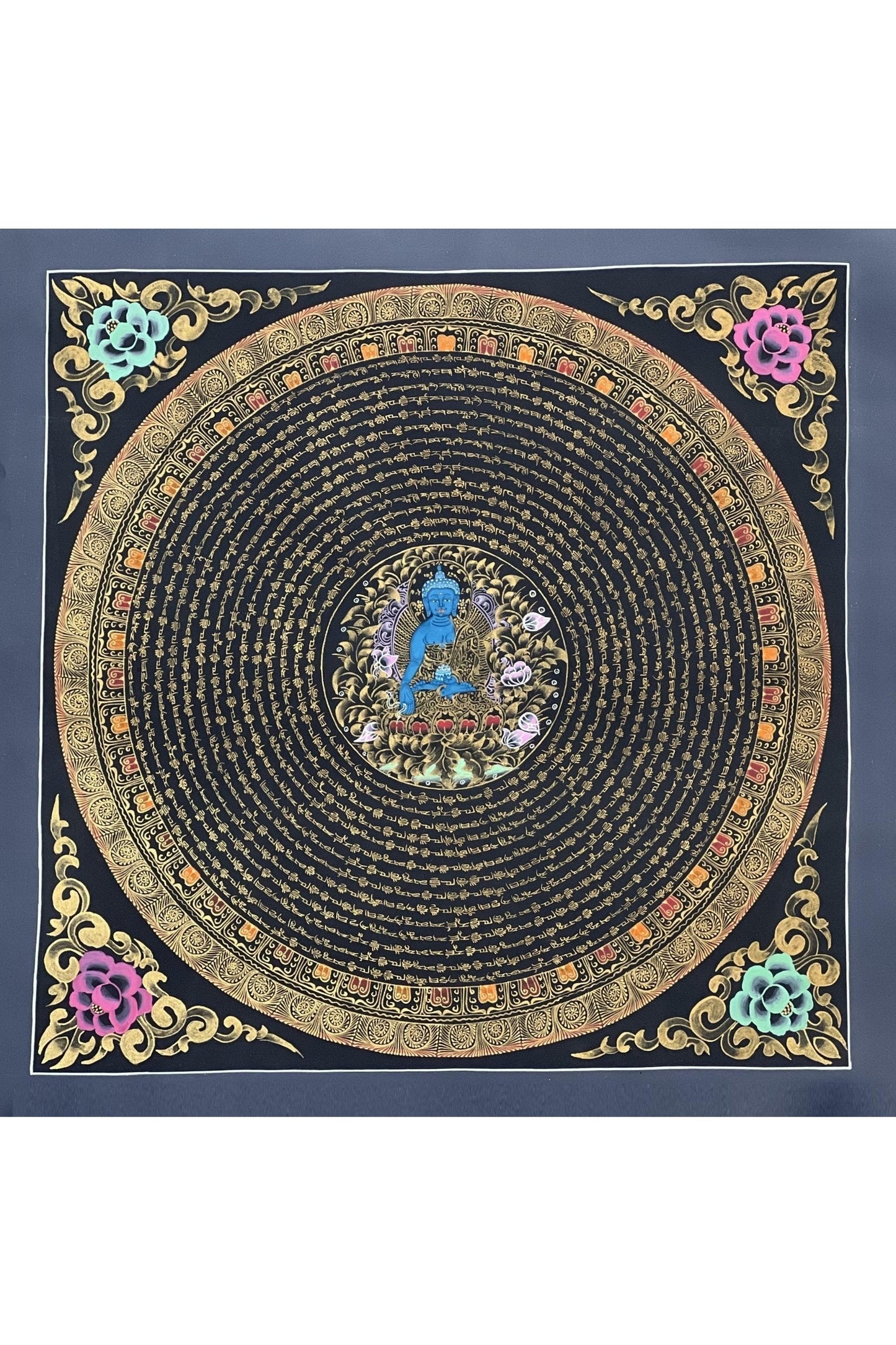 Medicine Buddha OM mani Padme Huma Mantra Mandala Buddhist Meditation Thangka Painting Original Art/ Wall Hanging/Home Décor - Tibetan Thangka Art