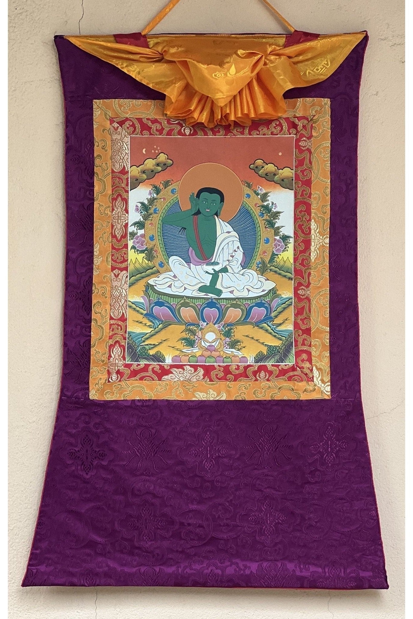 Milarepa, Jetsun Milarepa, Tibetan Yogi, Siddha, Poet, High Quality Tibetan Thangka Painting, Original Art with premium Silk Brocade - Tibetan Thangka Art