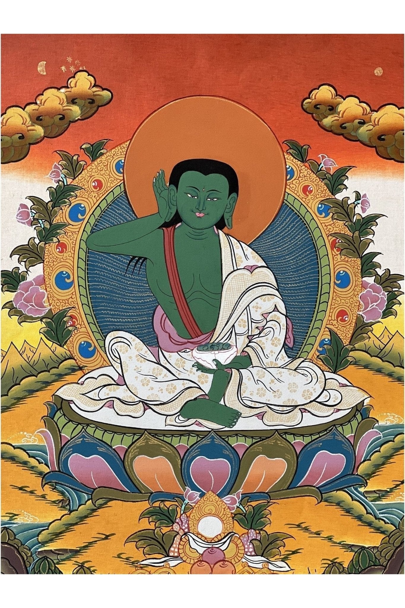 Milarepa, Jetsun Milarepa, Tibetan Yogi, Siddha, Poet, High Quality Tibetan Thangka Painting, Original Art with premium Silk Brocade - Tibetan Thangka Art