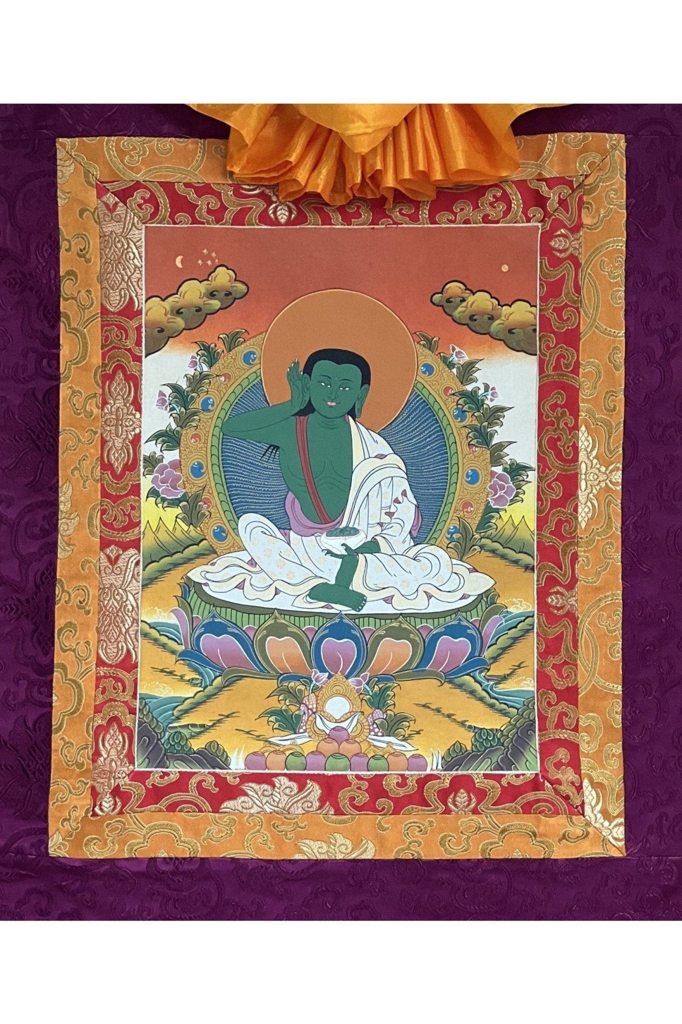 Milarepa, Jetsun Milarepa, Tibetan Yogi, Siddha, Poet, High Quality Tibetan Thangka Painting, Original Art with premium Silk Brocade - Tibetan Thangka Art