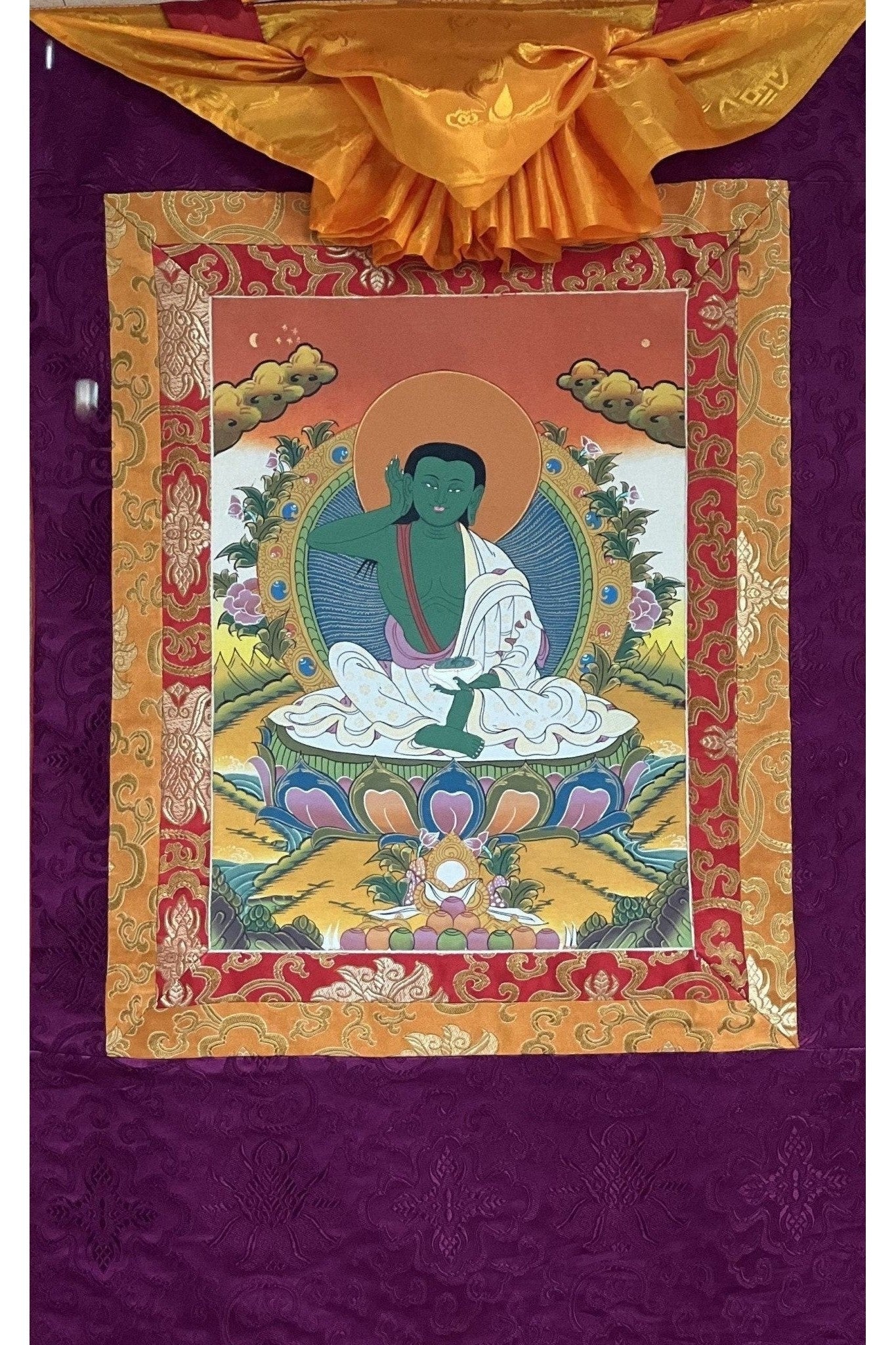 Milarepa, Jetsun Milarepa, Tibetan Yogi, Siddha, Poet, High Quality Tibetan Thangka Painting, Original Art with premium Silk Brocade - Tibetan Thangka Art