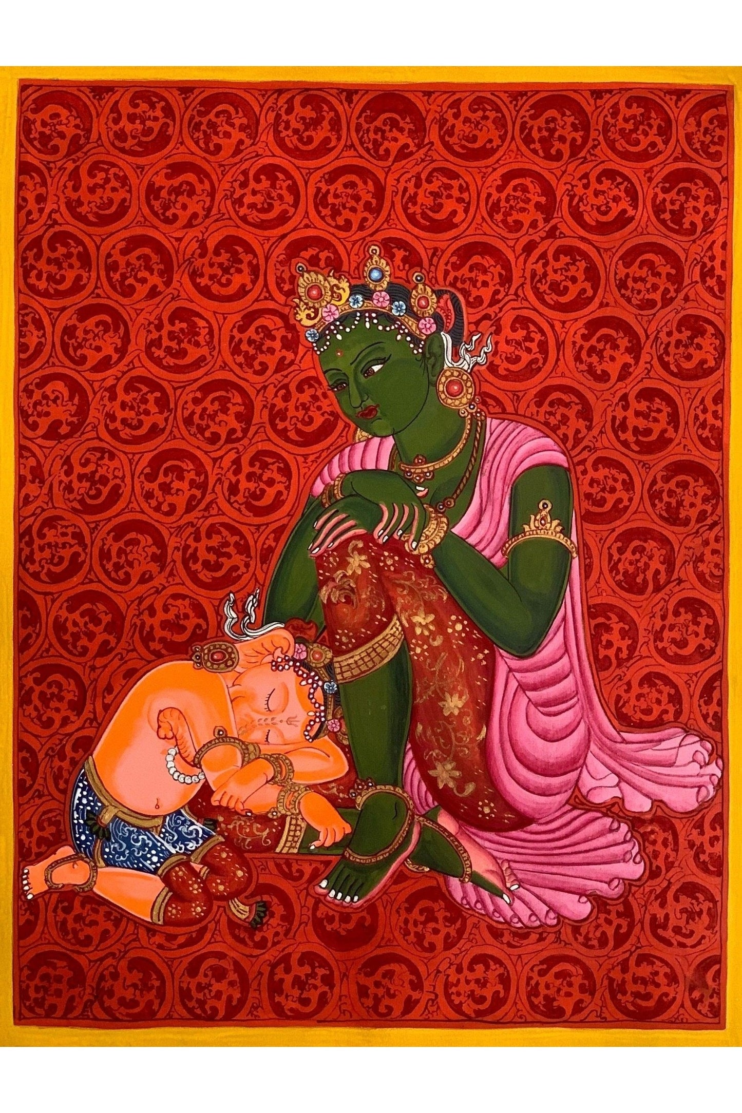 Mother Parvati with Ganesha Original Masterpiece Newari Paubha/ Thangka Painting Hindu Buddhist Art - Tibetan Thangka Art