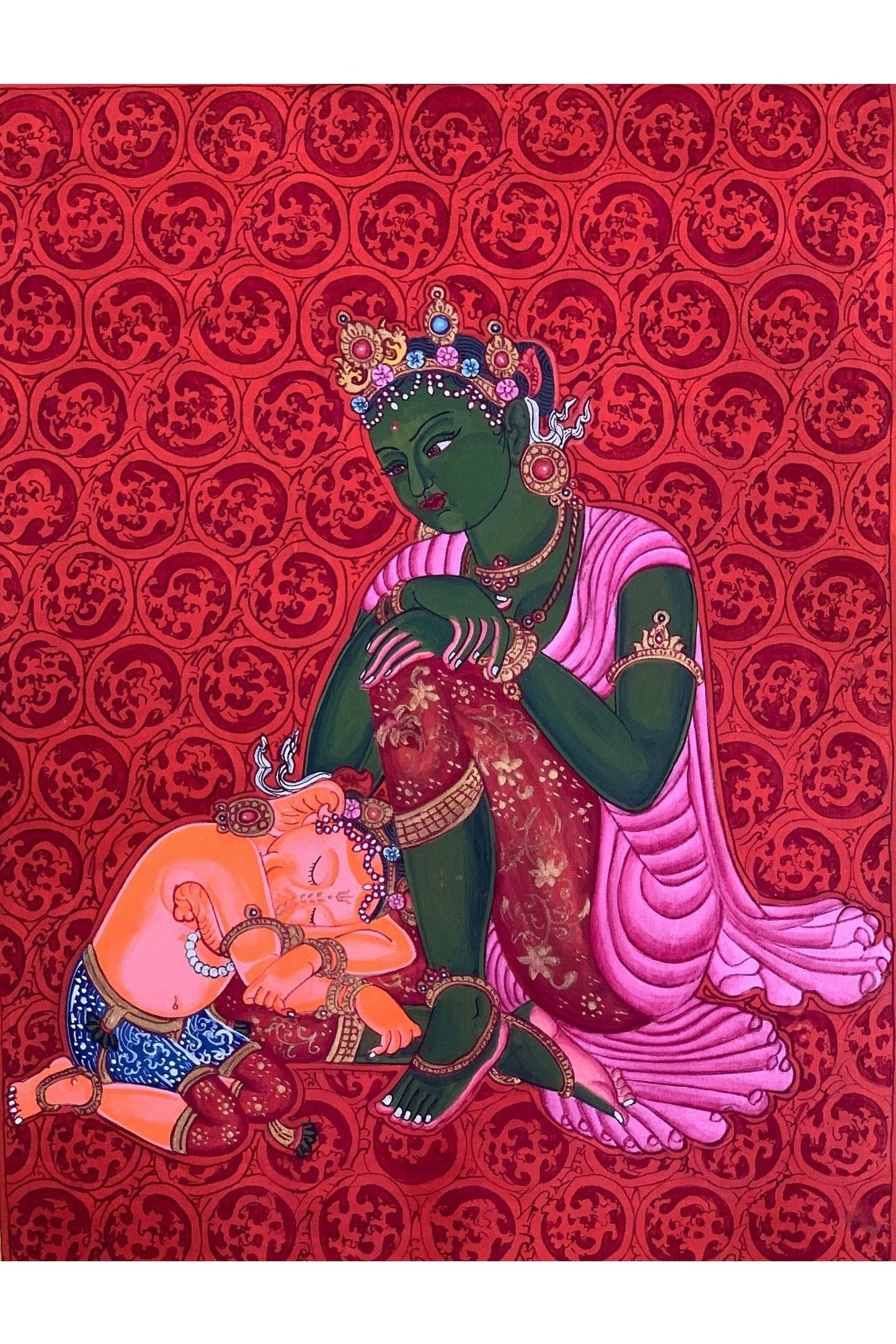 Mother Parvati with Ganesha Original Masterpiece Newari Paubha/ Thangka Painting Hindu Buddhist Art - Tibetan Thangka Art
