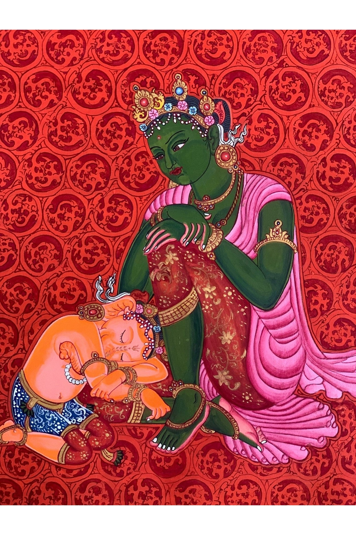 Mother Parvati with Ganesha Original Masterpiece Newari Paubha/ Thangka Painting Hindu Buddhist Art - Tibetan Thangka Art