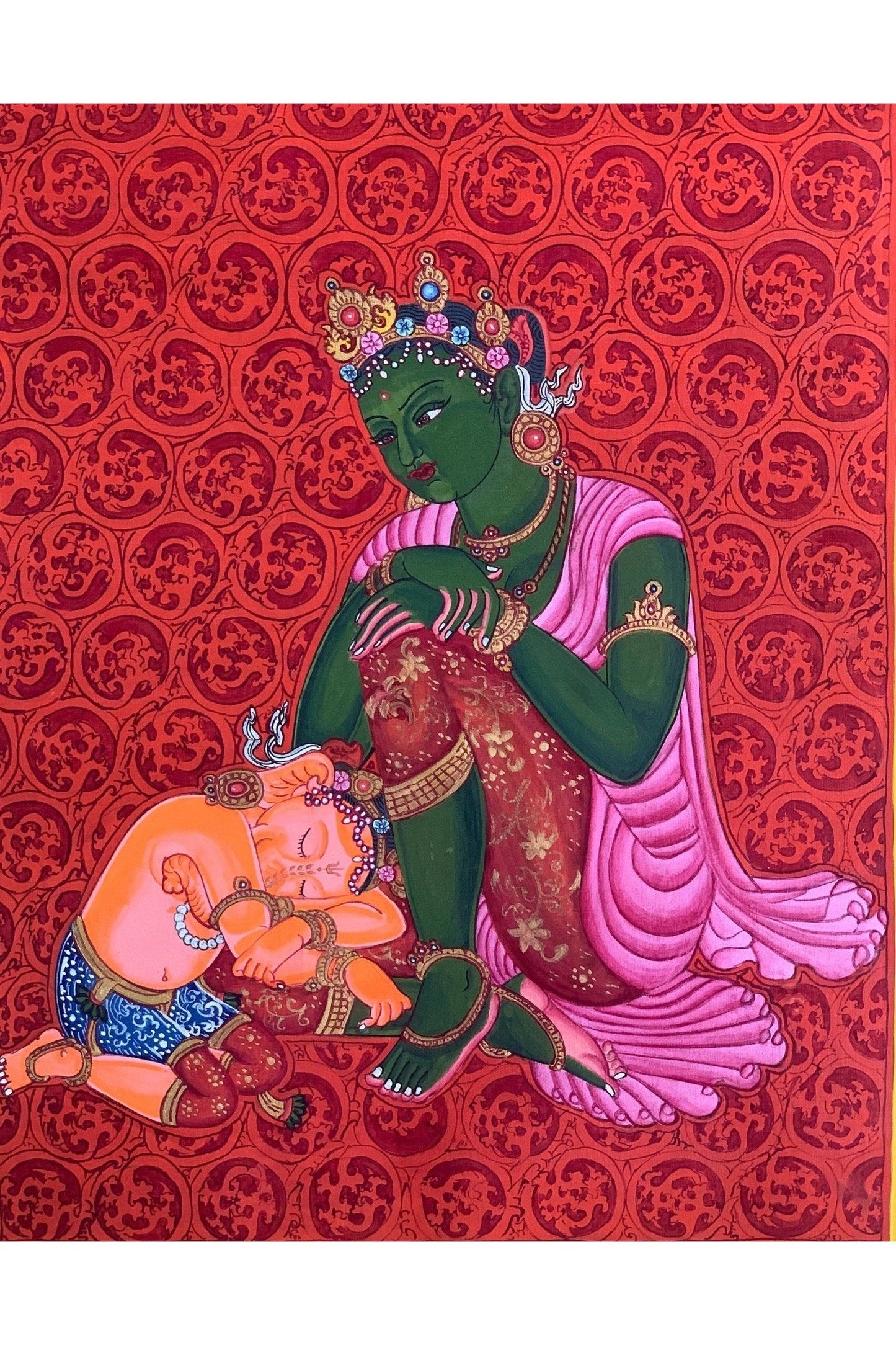 Mother Parvati with Ganesha Original Masterpiece Newari Paubha/ Thangka Painting Hindu Buddhist Art - Tibetan Thangka Art