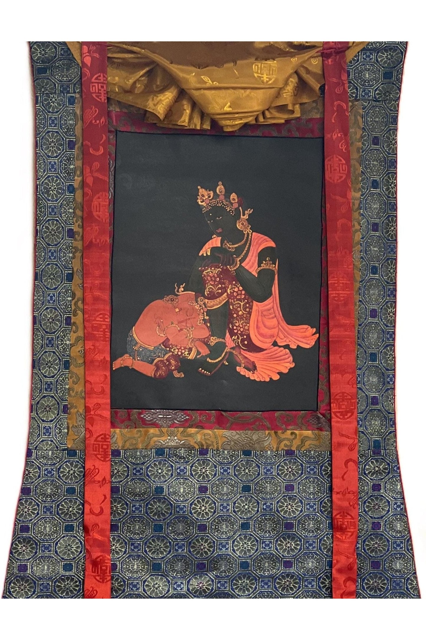 Mother Parvati with Ganesha Original Masterpiece Old Oil Varnished Newari Paubha/ Thangka Painting Hindu Buddhist Art with Silk Brocade - Tibetan Thangka Art