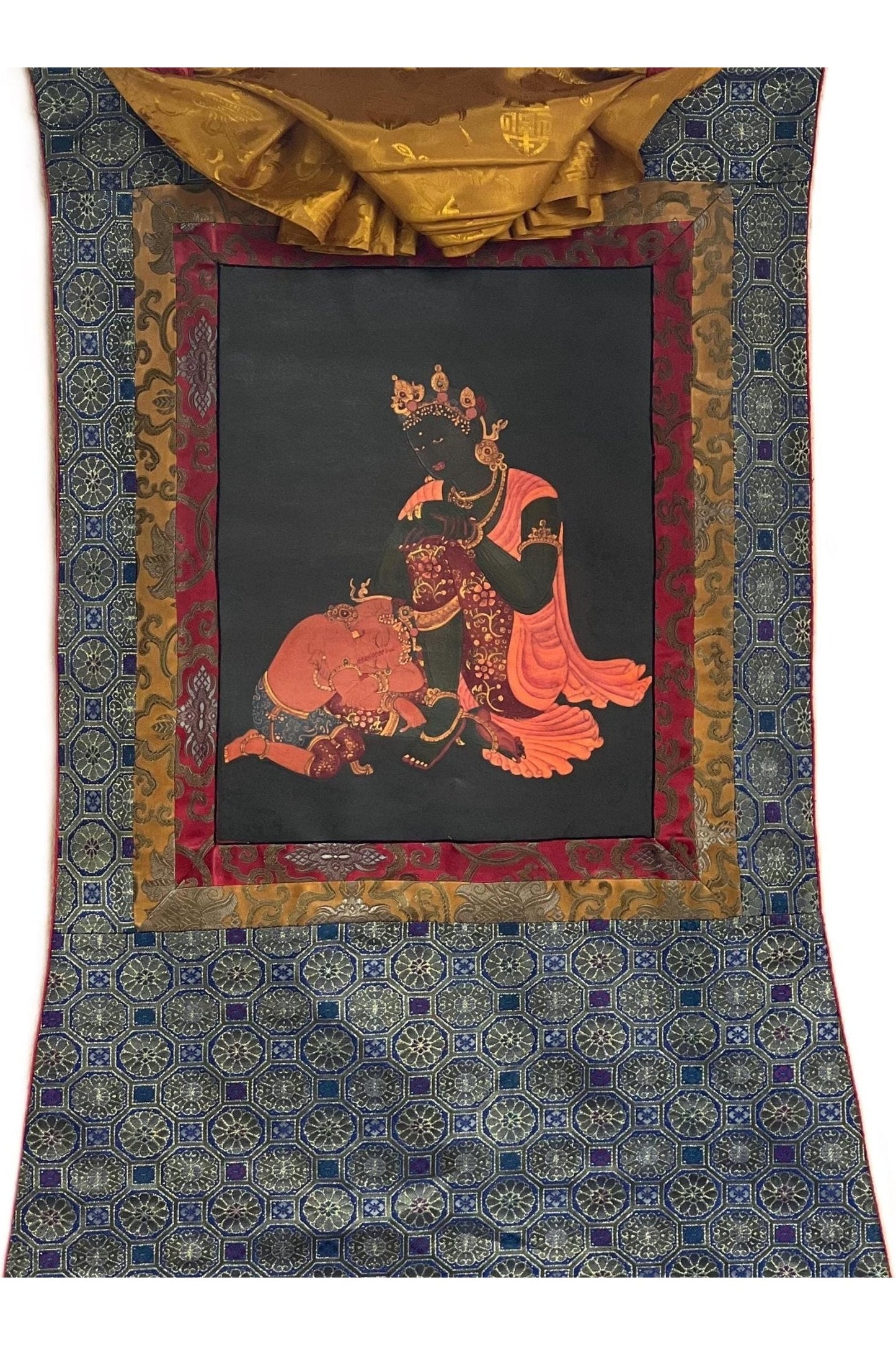 Mother Parvati with Ganesha Original Masterpiece Old Oil Varnished Newari Paubha/ Thangka Painting Hindu Buddhist Art with Silk Brocade - Tibetan Thangka Art