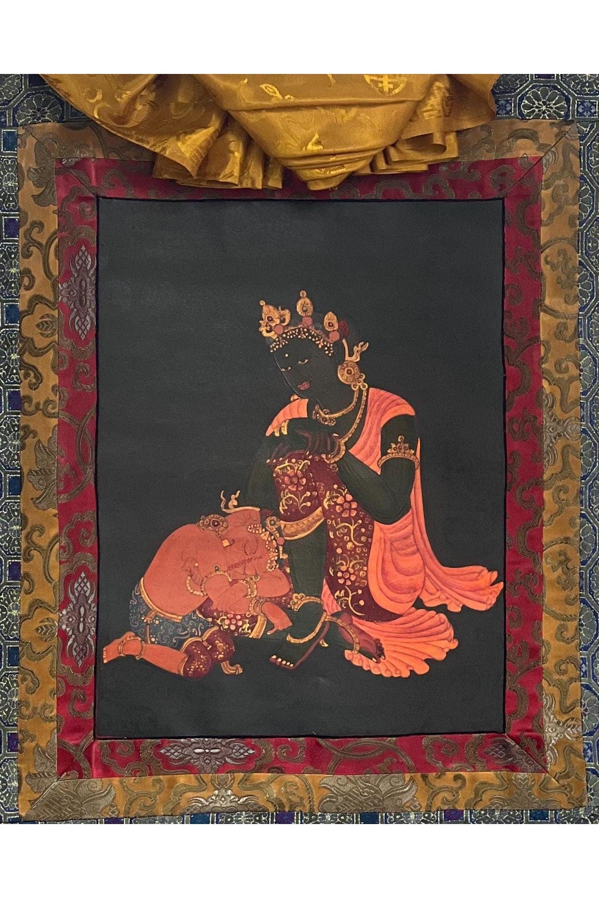 Mother Parvati with Ganesha Original Masterpiece Old Oil Varnished Newari Paubha/ Thangka Painting Hindu Buddhist Art with Silk Brocade - Tibetan Thangka Art