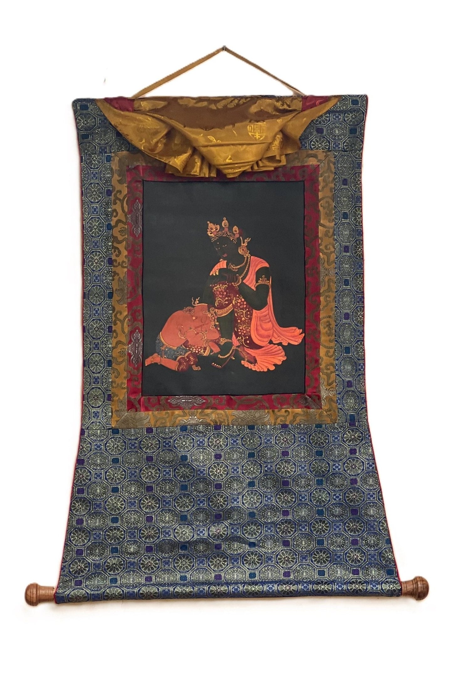 Mother Parvati with Ganesha Original Masterpiece Old Oil Varnished Newari Paubha/ Thangka Painting Hindu Buddhist Art with Silk Brocade - Tibetan Thangka Art