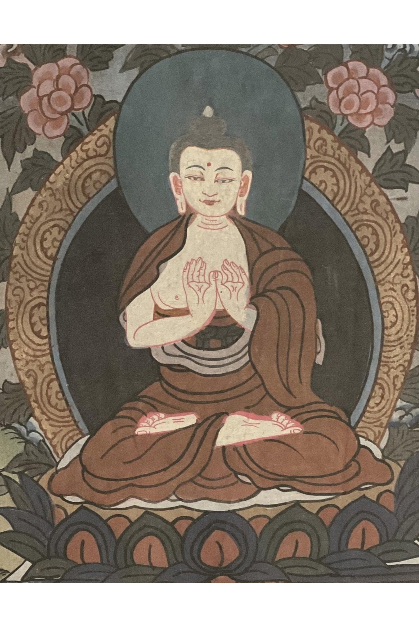 Old/ Vintage/ Vairocana Buddha/ Dhyani Buddha/ Knowledge Buddha Original Tibetan Thangka Painting/ Meditation Art with Traditional Brocade - Tibetan Thangka Art