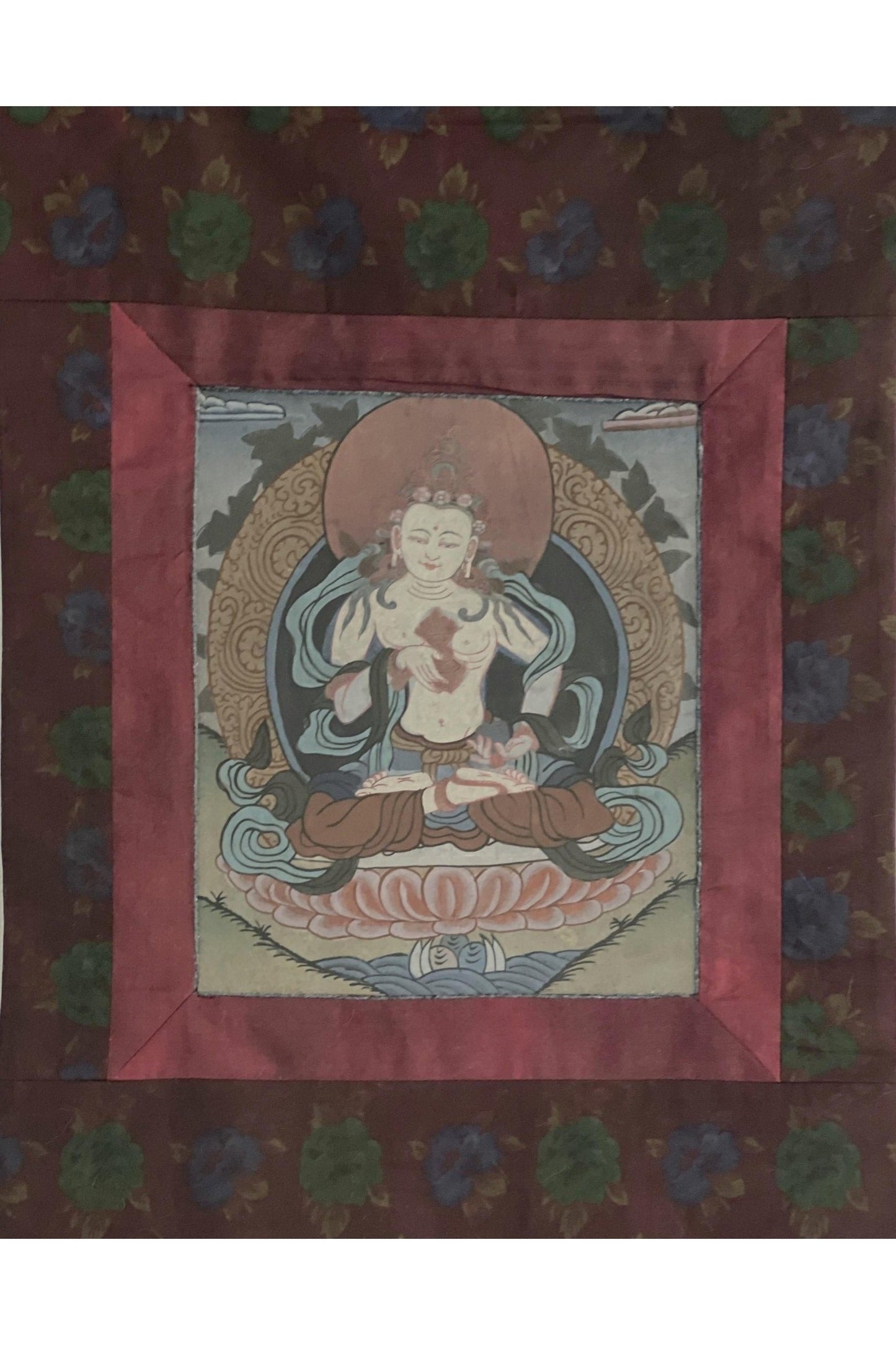 Old Vintage Vajrasattva/ Dorje Sempa/ Dhyani Buddha Tibetan Thangka Painting, Original Buddhist Art with Traditional Cotton Brocade - Tibetan Thangka Art
