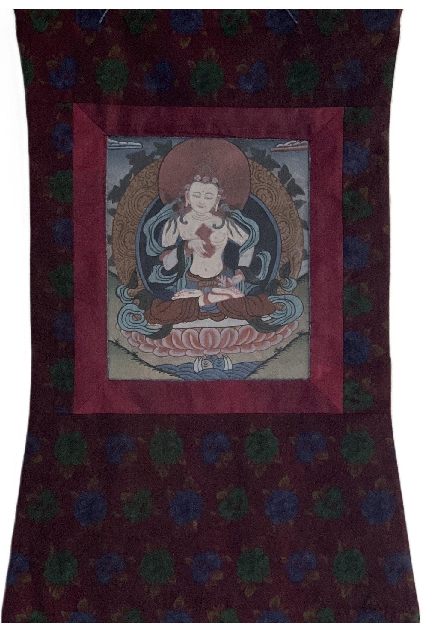Old Vintage Vajrasattva/ Dorje Sempa/ Dhyani Buddha Tibetan Thangka Painting, Original Buddhist Art with Traditional Cotton Brocade - Tibetan Thangka Art