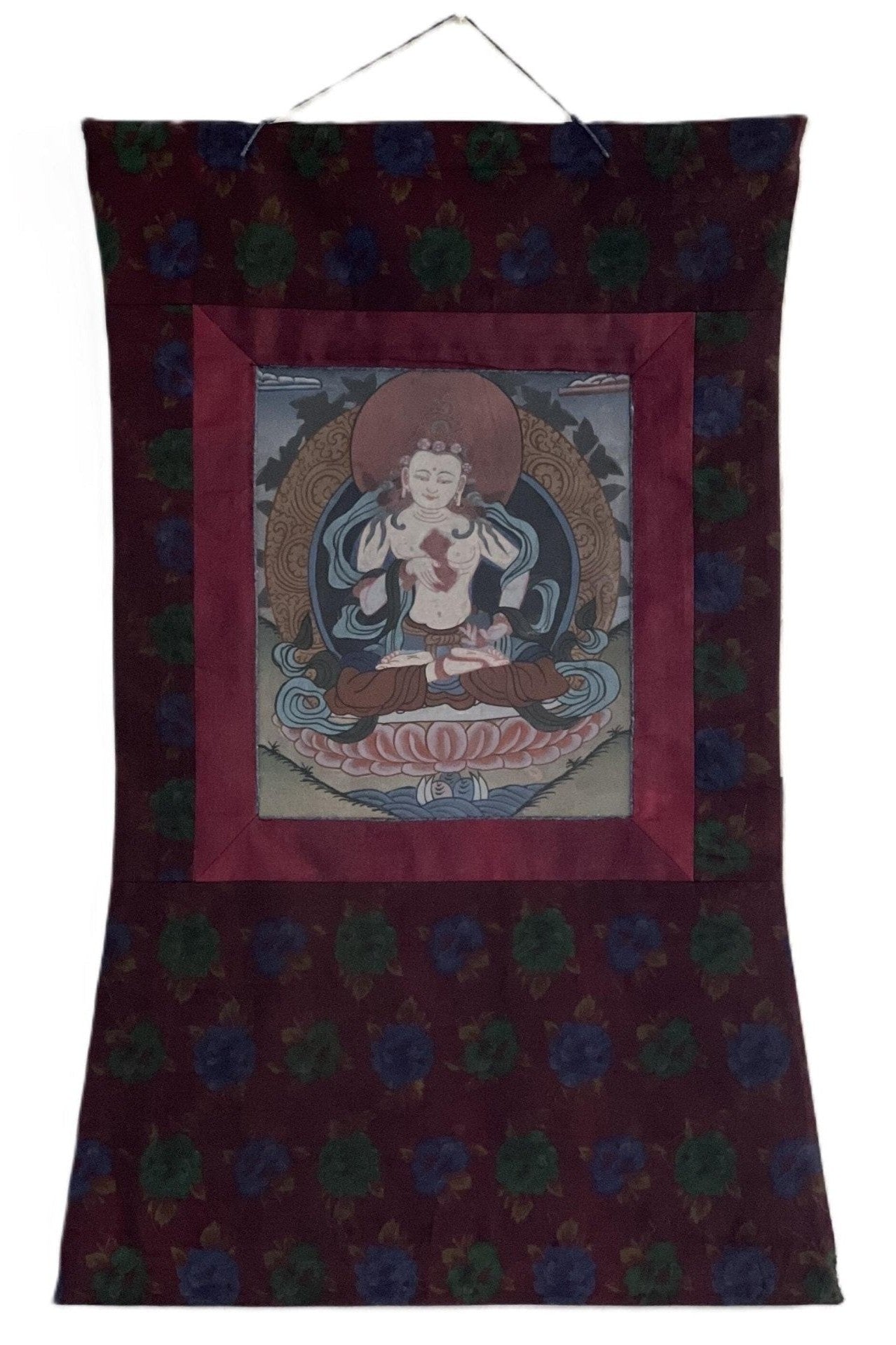 Old Vintage Vajrasattva/ Dorje Sempa/ Dhyani Buddha Tibetan Thangka Painting, Original Buddhist Art with Traditional Cotton Brocade - Tibetan Thangka Art