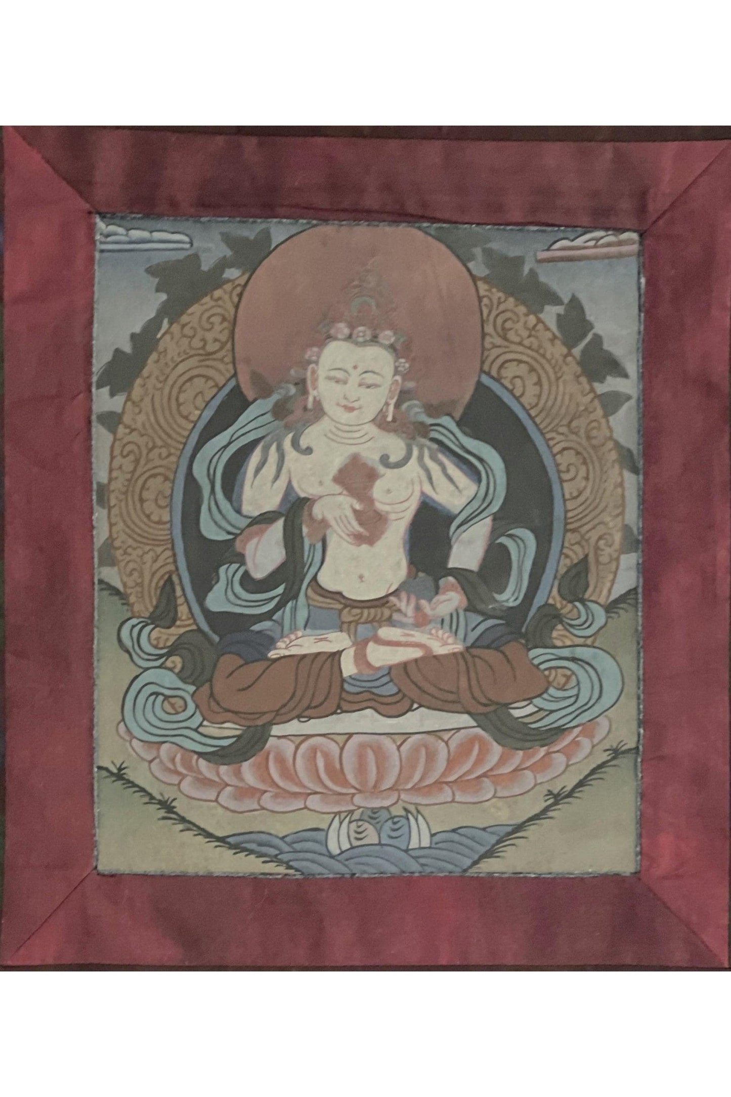 Old Vintage Vajrasattva/ Dorje Sempa/ Dhyani Buddha Tibetan Thangka Painting, Original Buddhist Art with Traditional Cotton Brocade - Tibetan Thangka Art