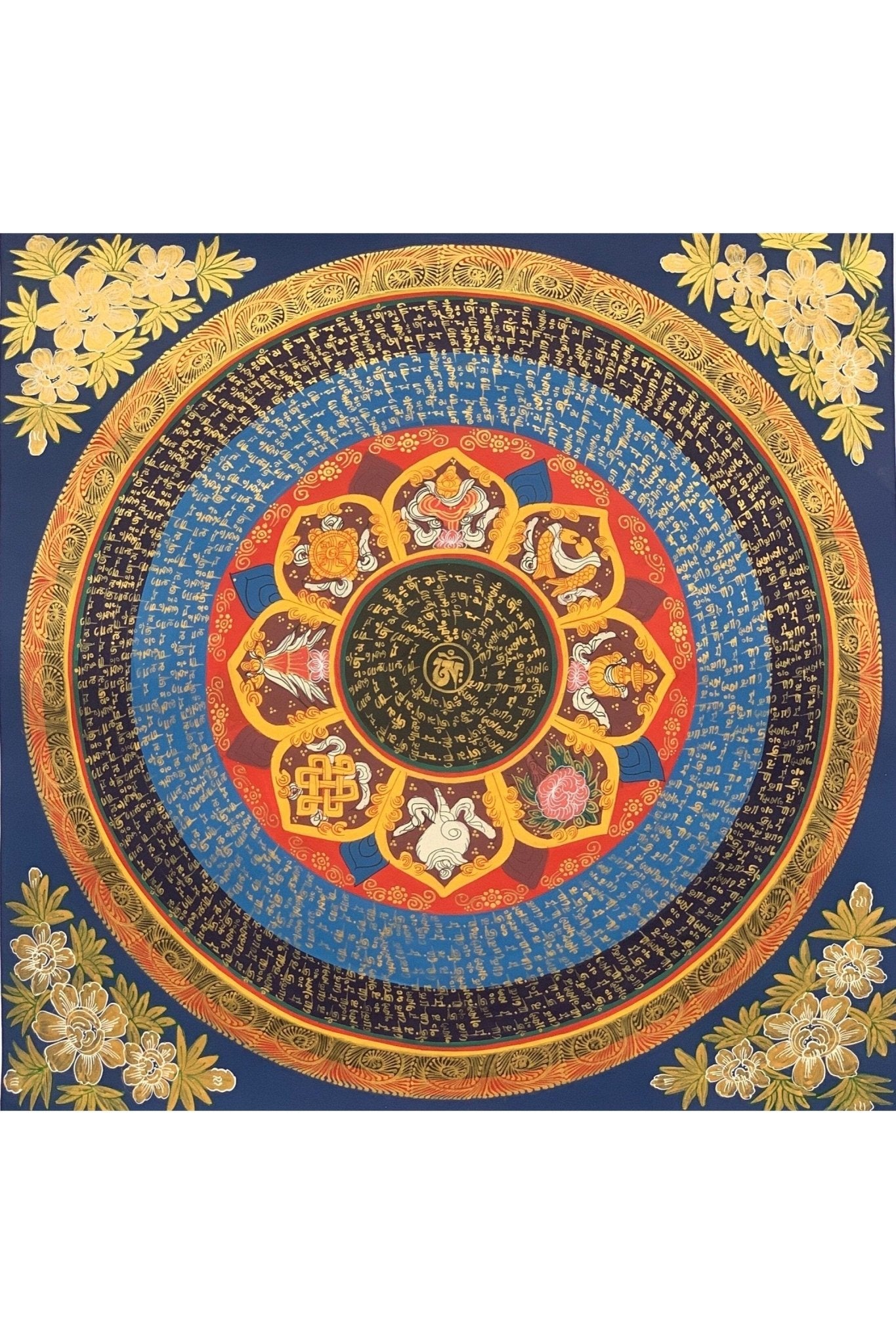 Om Lotus Mandala, Wheel of Life, Thangka Painting, Original Art, 20 x 20 - Inch - Tibetan Thangka Art