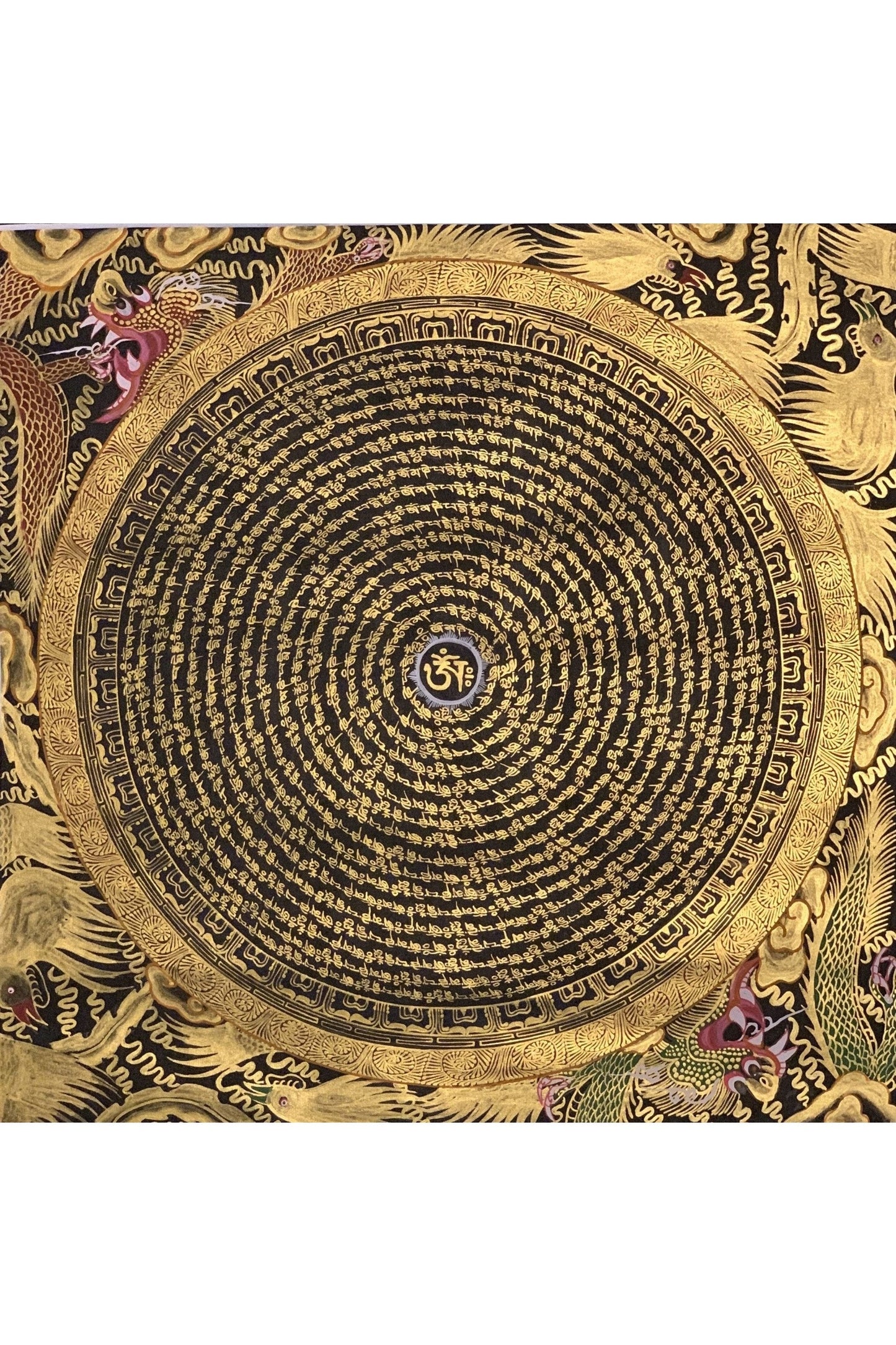 Om Mani Padme Hum Mantra Dragon Mandala Black and Gold Artist Signed Original Hand Painted Masterpiece Tibetan Thangka Painting/Wall Hanging - Tibetan Thangka Art