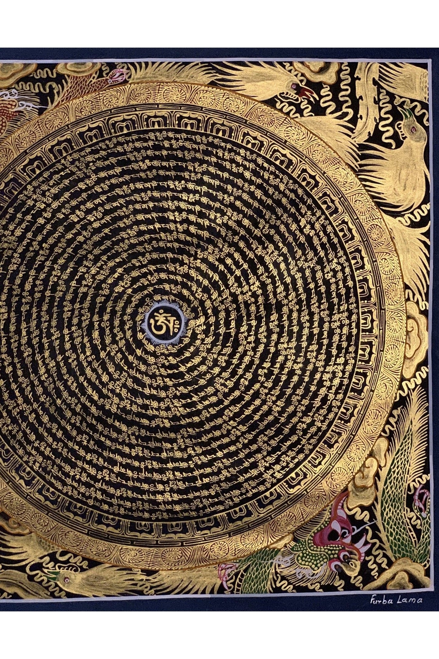 Om Mani Padme Hum Mantra Dragon Mandala Black and Gold Artist Signed Original Hand Painted Masterpiece Tibetan Thangka Painting/Wall Hanging - Tibetan Thangka Art