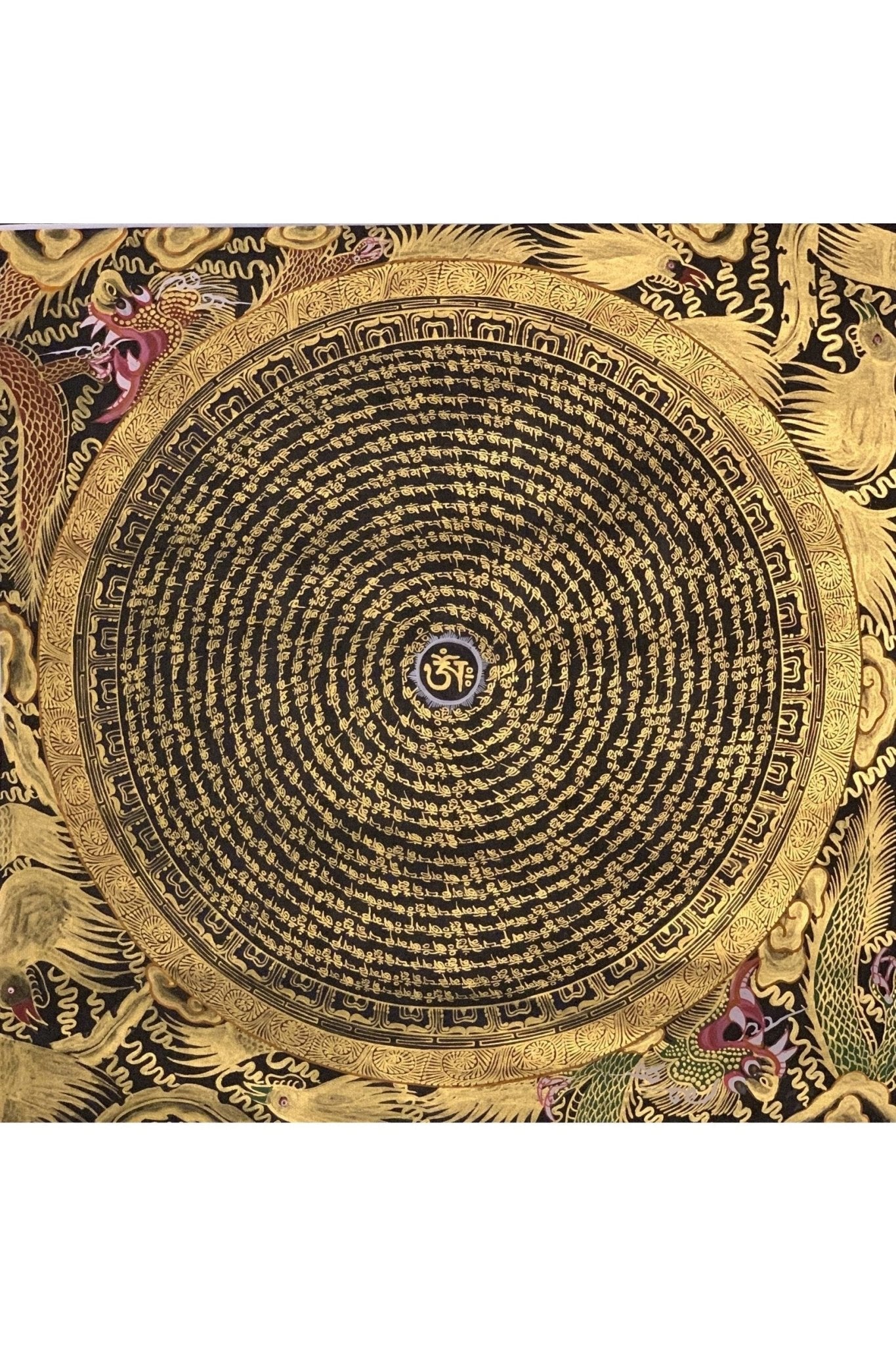 Om Mani Padme Hum Mantra Dragon Mandala Black and Gold Artist Signed Original Hand Painted Masterpiece Tibetan Thangka Painting/Wall Hanging - Tibetan Thangka Art