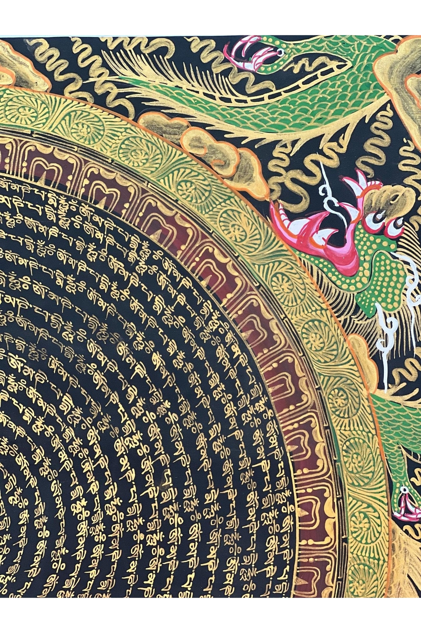 Om Mani Padme Hum Mantra Dragon Mandala Black and Gold Original Hand Painted Masterpiece Artist Signed Tibetan Thangka Painting/Wall Hanging - Tibetan Thangka Art