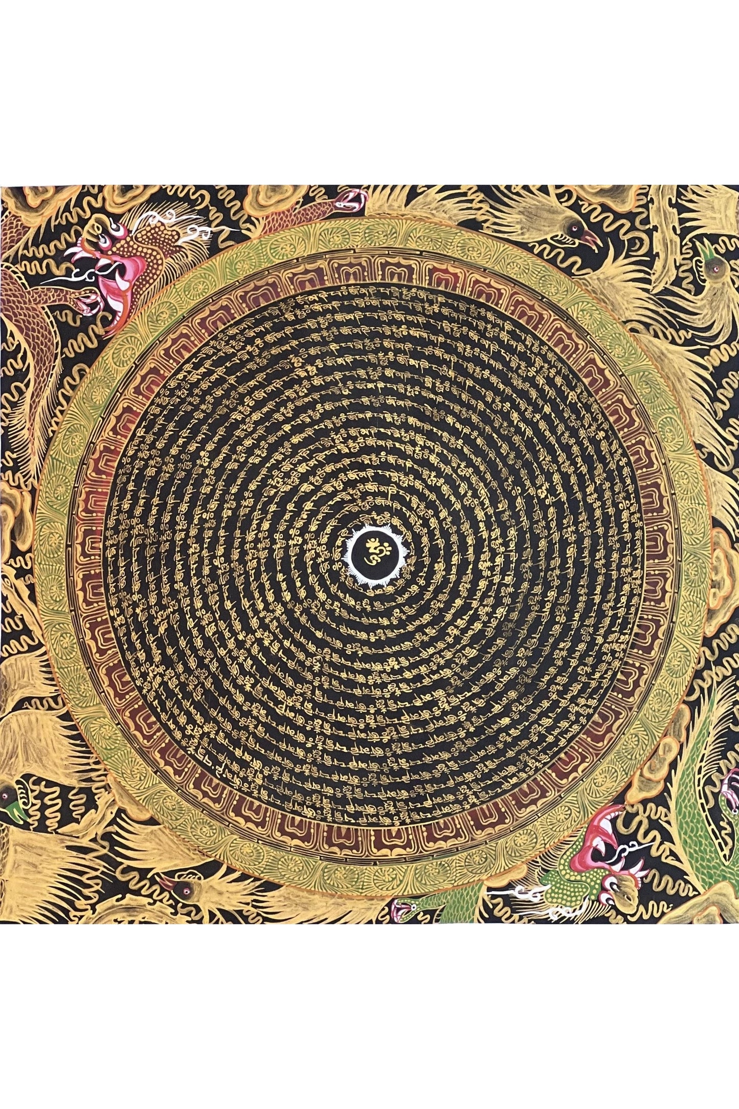 Om Mani Padme Hum Mantra Dragon Mandala Black and Gold Original Hand Painted Masterpiece Artist Signed Tibetan Thangka Painting/Wall Hanging - Tibetan Thangka Art