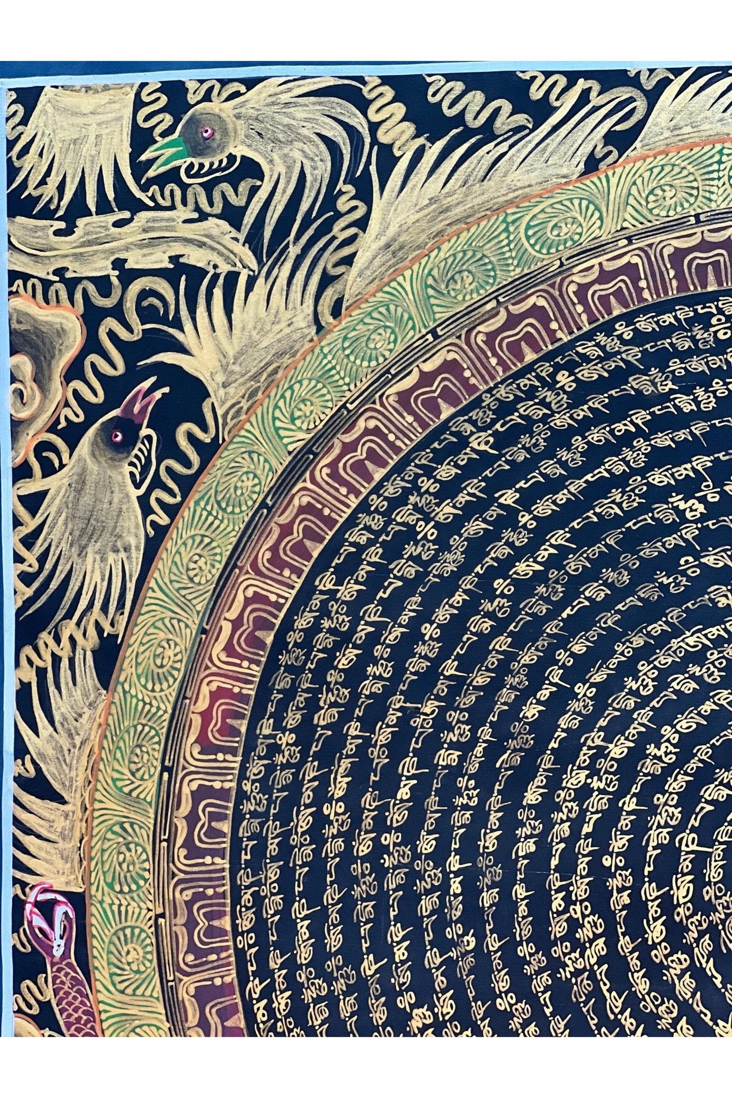 Om Mani Padme Hum Mantra Dragon Mandala Black and Gold Original Hand Painted Masterpiece Artist Signed Tibetan Thangka Painting/Wall Hanging - Tibetan Thangka Art