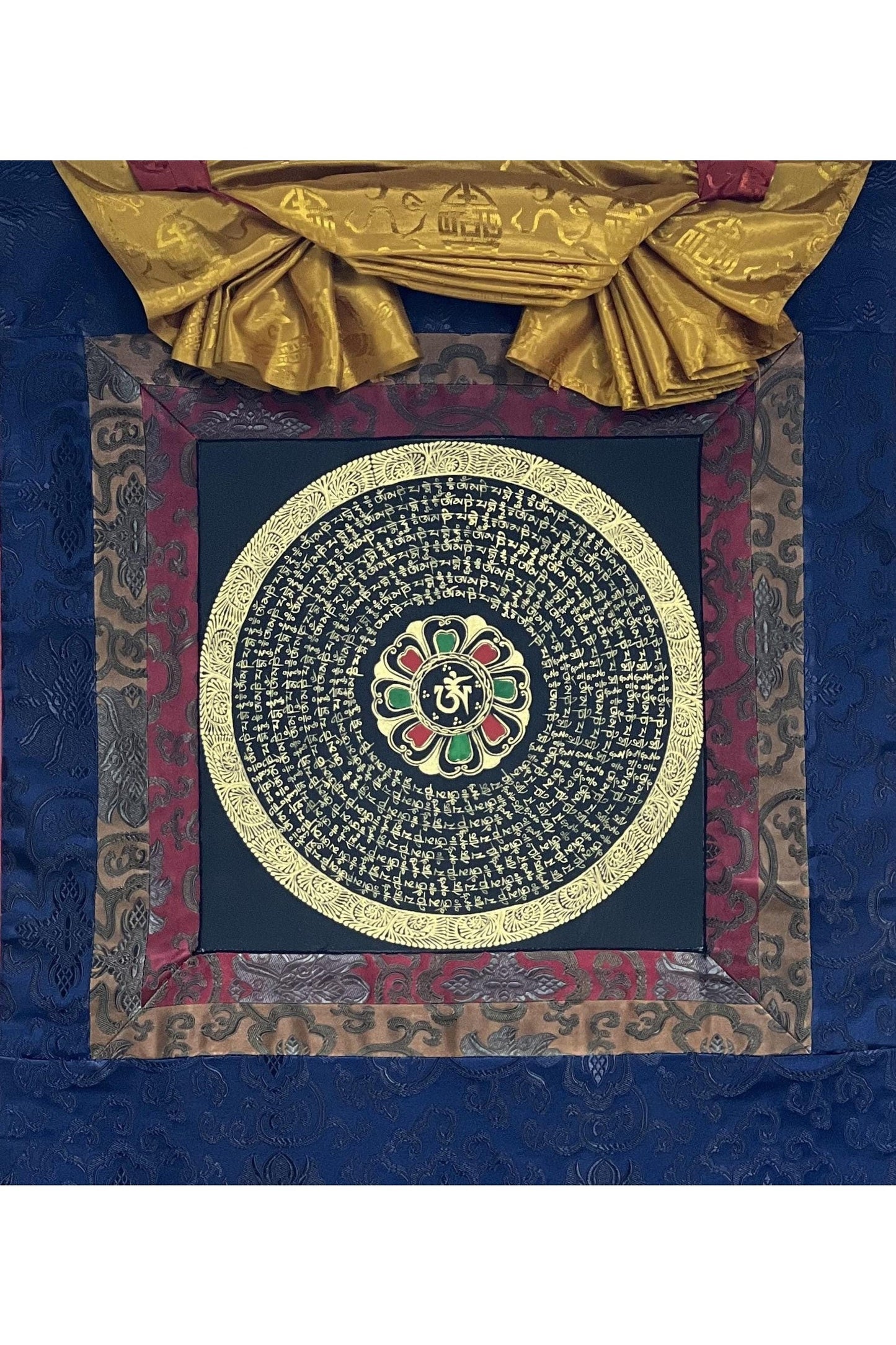 Om Mani Padme Hum Mantra Mandala Black and Gold Original Tibetan Thangka Painting /Meditation Art/Wall Hanging Bordered with Silk - Tibetan Thangka Art
