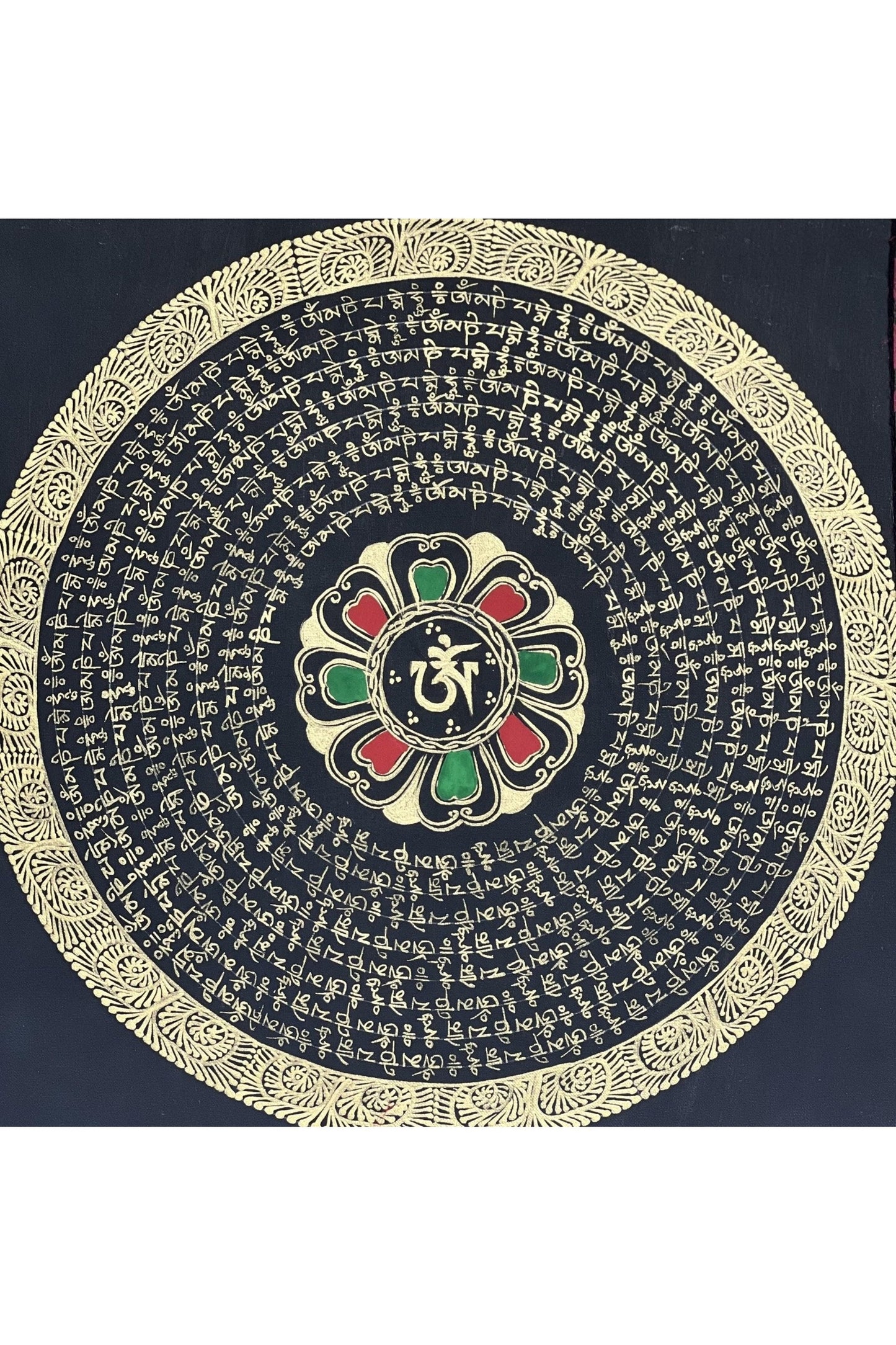 Om Mani Padme Hum Mantra Mandala Black and Gold Original Tibetan Thangka Painting /Meditation Art/Wall Hanging Bordered with Silk - Tibetan Thangka Art