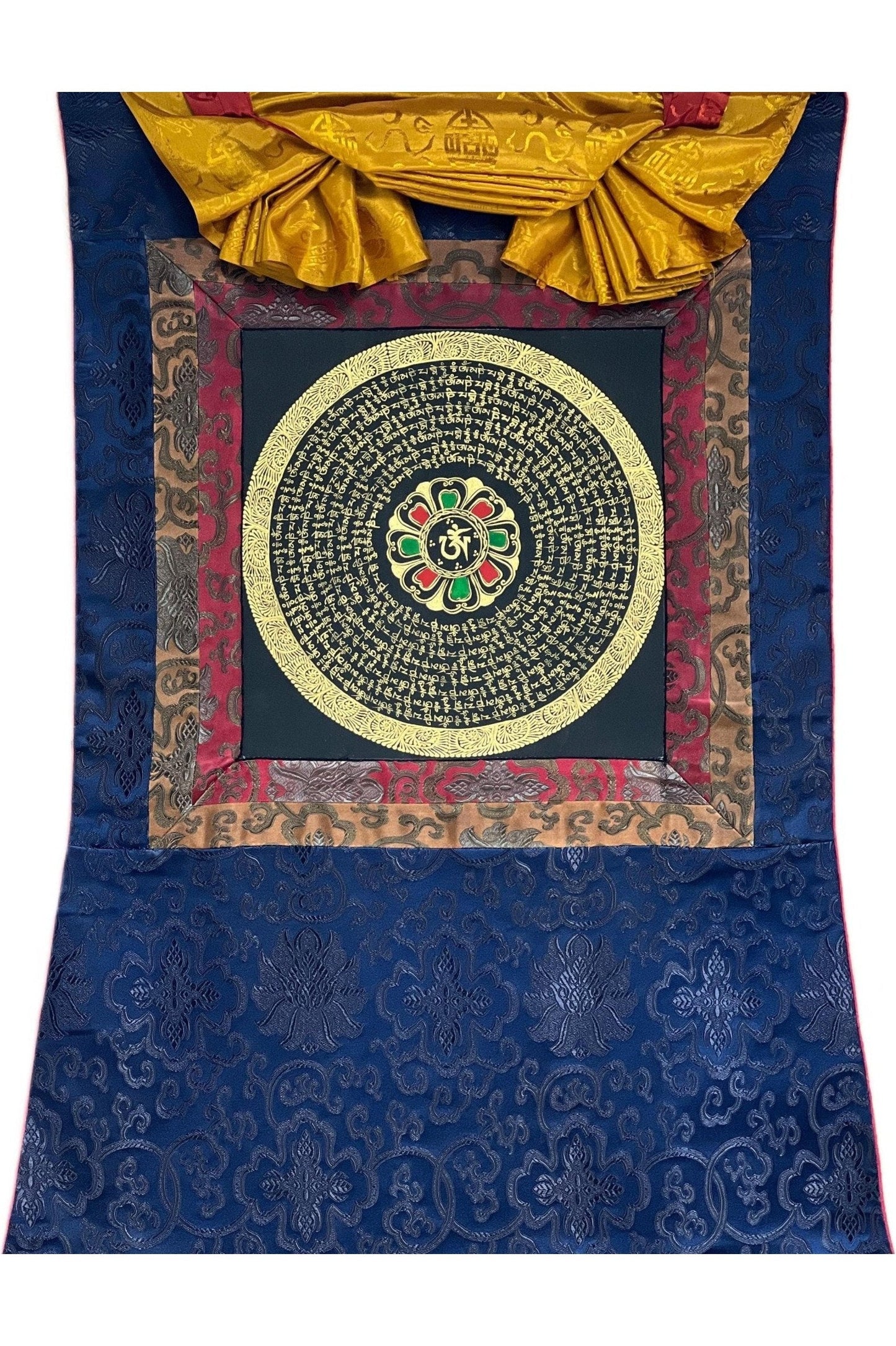 Om Mani Padme Hum Mantra Mandala Black and Gold Original Tibetan Thangka Painting /Meditation Art/Wall Hanging Bordered with Silk - Tibetan Thangka Art