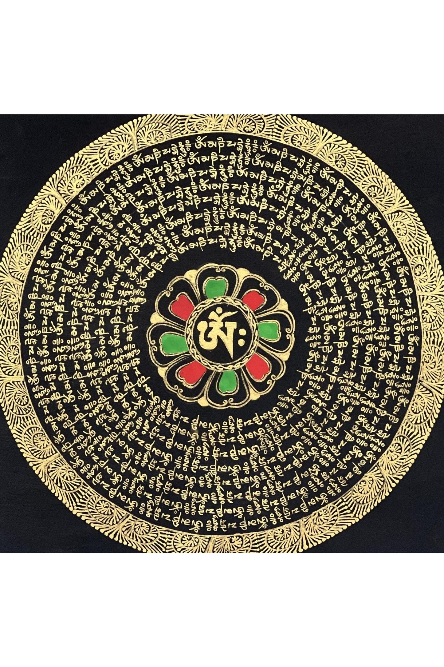 Om Mani Padme Hum Mantra Mandala Black and Gold Original Tibetan Thangka Painting /Meditation Art/Wall Hanging Framed with Silk - Tibetan Thangka Art