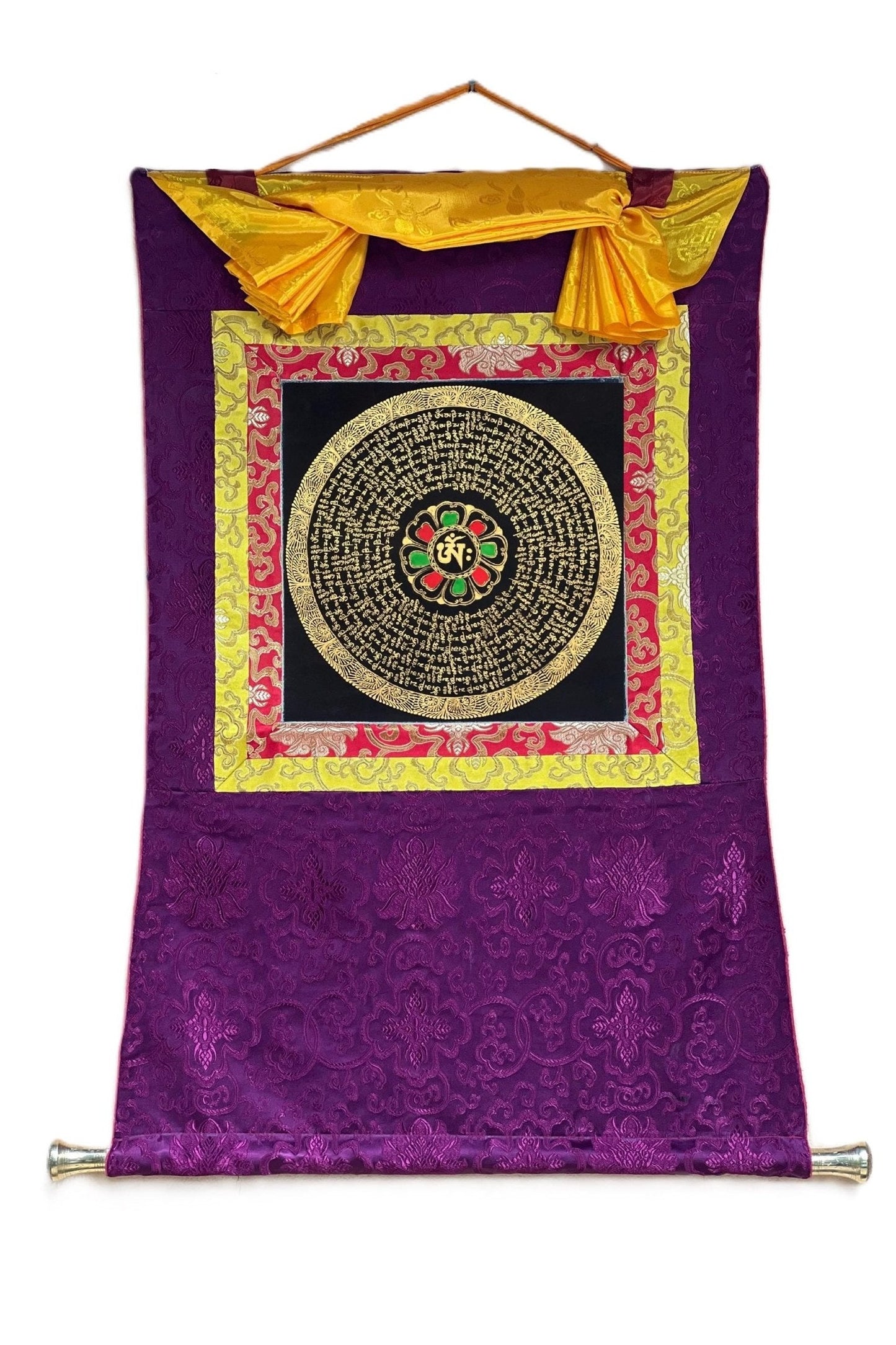 Om Mani Padme Hum Mantra Mandala Black and Gold Original Tibetan Thangka Painting /Meditation Art/Wall Hanging Framed with Silk - Tibetan Thangka Art