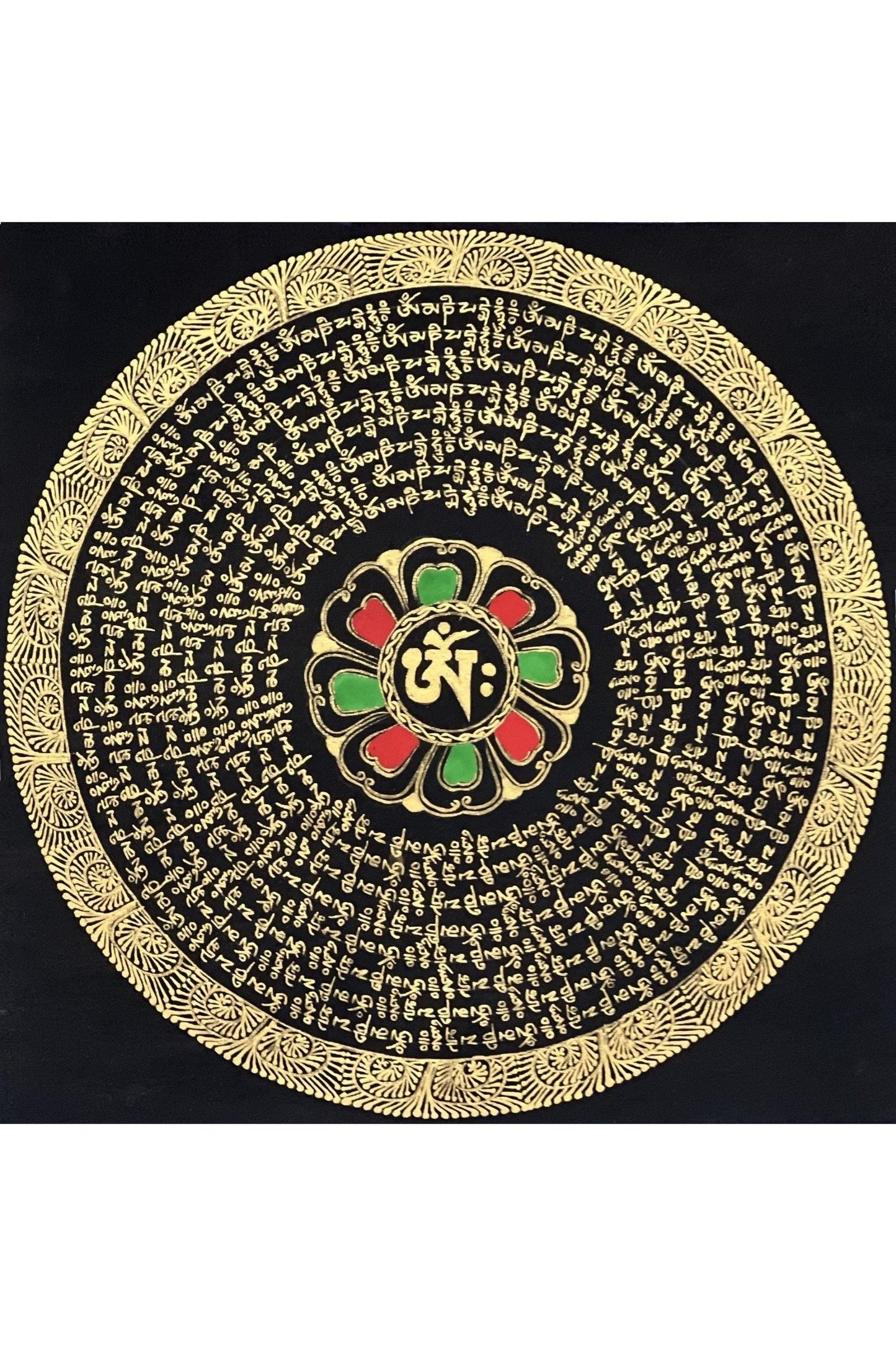 Om Mani Padme Hum Mantra Mandala Black and Gold Original Tibetan Thangka Painting /Meditation Art/Wall Hanging Framed with Silk - Tibetan Thangka Art