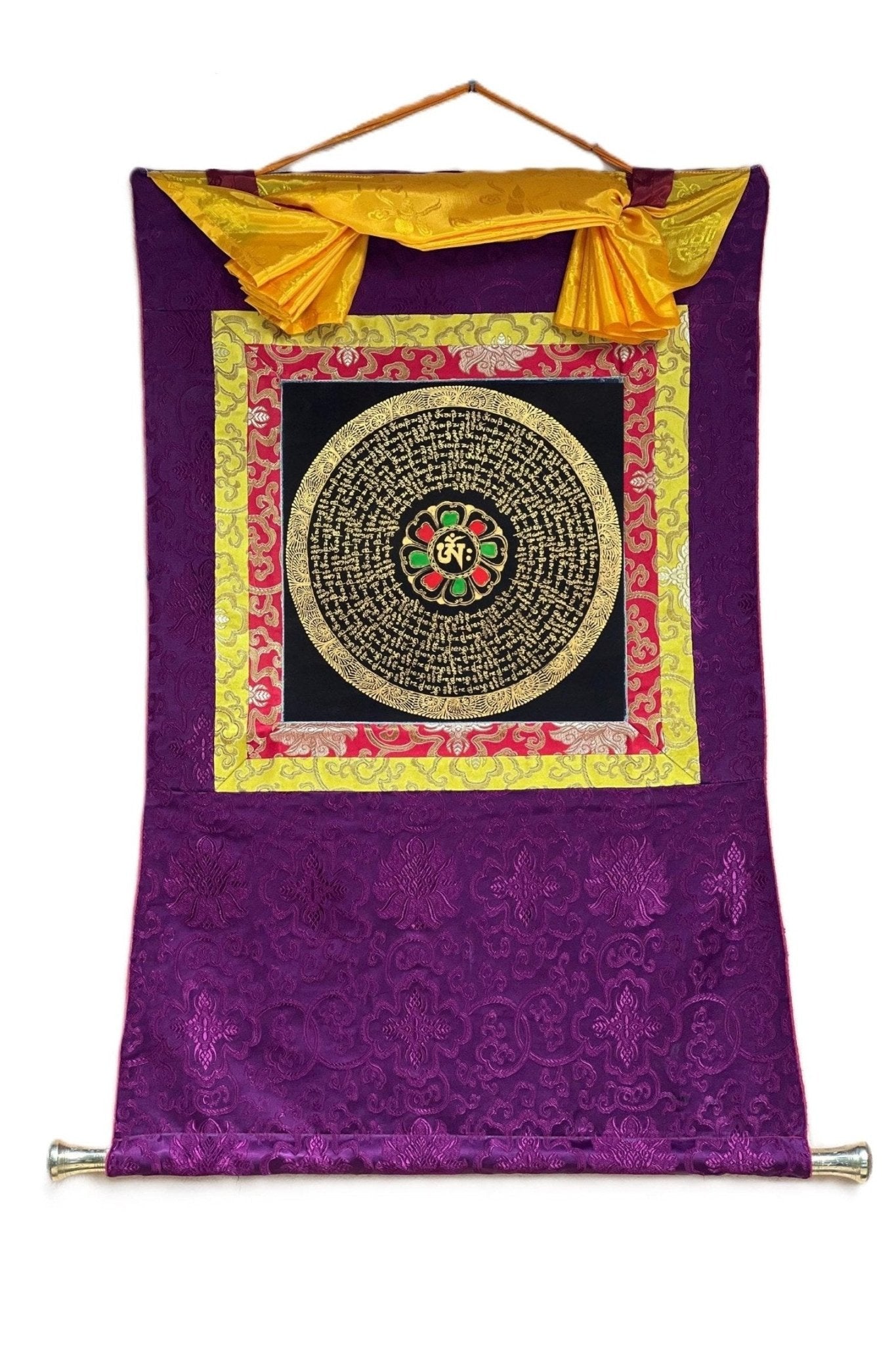 Om Mani Padme Hum Mantra Mandala Black and Gold Original Tibetan Thangka Painting /Meditation Art/Wall Hanging Framed with Silk - Tibetan Thangka Art