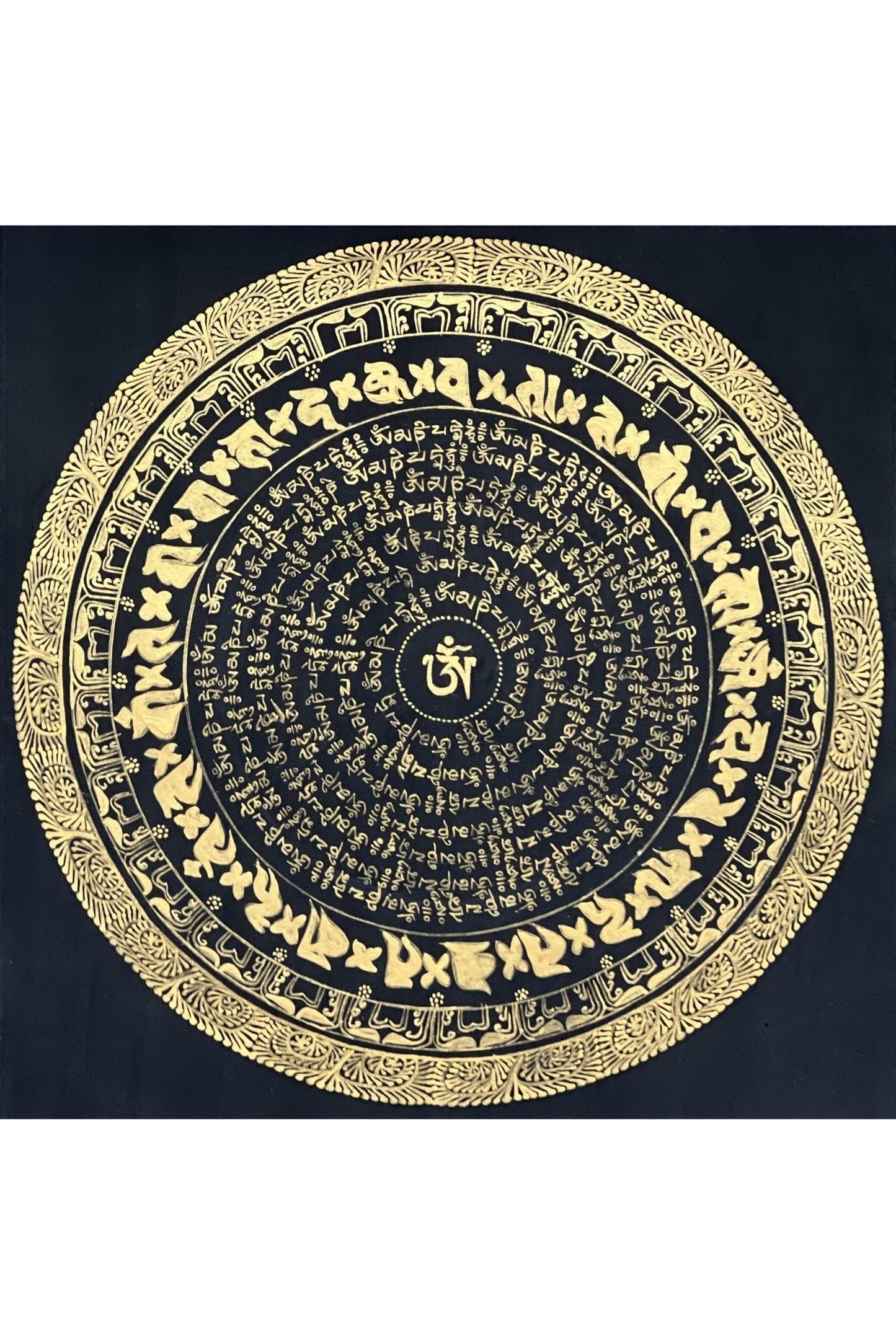 Om Mani Padme Hum Mantra Mandala Black and Gold Original Tibetan Thangka Painting /Meditation Art/Wall Hanging with Silk Brocade - Tibetan Thangka Art