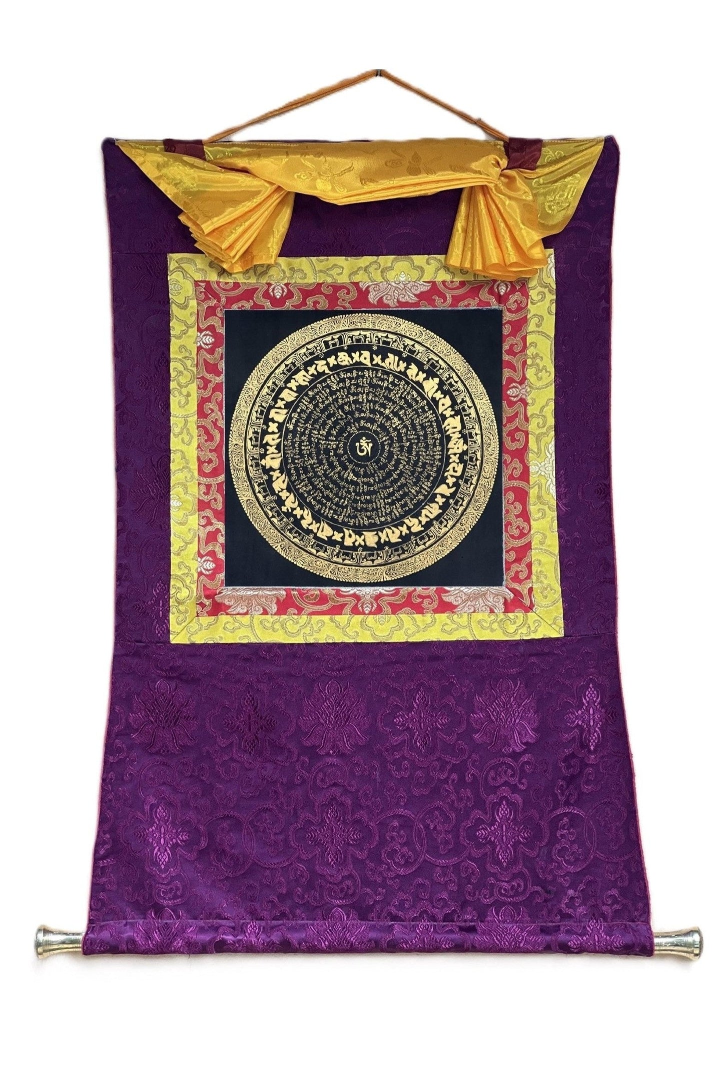 Om Mani Padme Hum Mantra Mandala Black and Gold Original Tibetan Thangka Painting /Meditation Art/Wall Hanging with Silk Brocade - Tibetan Thangka Art