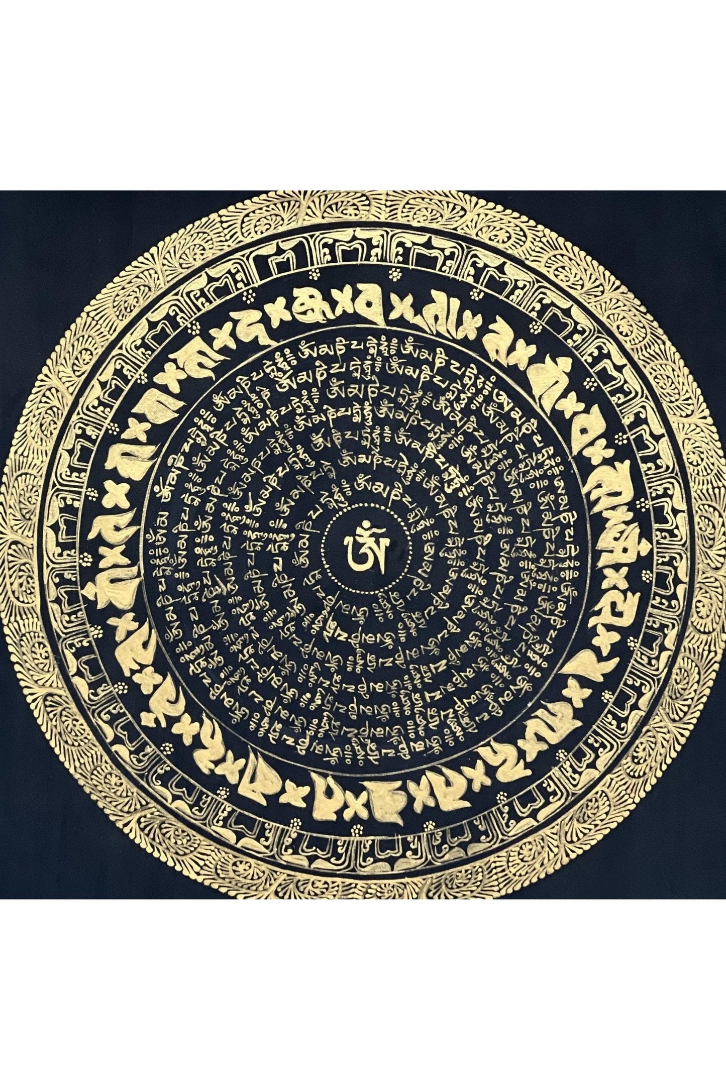 Om Mani Padme Hum Mantra Mandala Black and Gold Original Tibetan Thangka Painting /Meditation Art/Wall Hanging with Silk Brocade - Tibetan Thangka Art