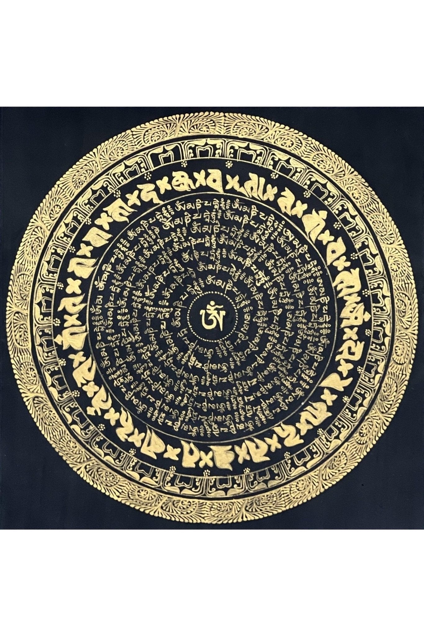 Om Mani Padme Hum Mantra Mandala Black and Gold Original Tibetan Thangka Painting /Meditation Art/Wall Hanging with Silk Brocade - Tibetan Thangka Art