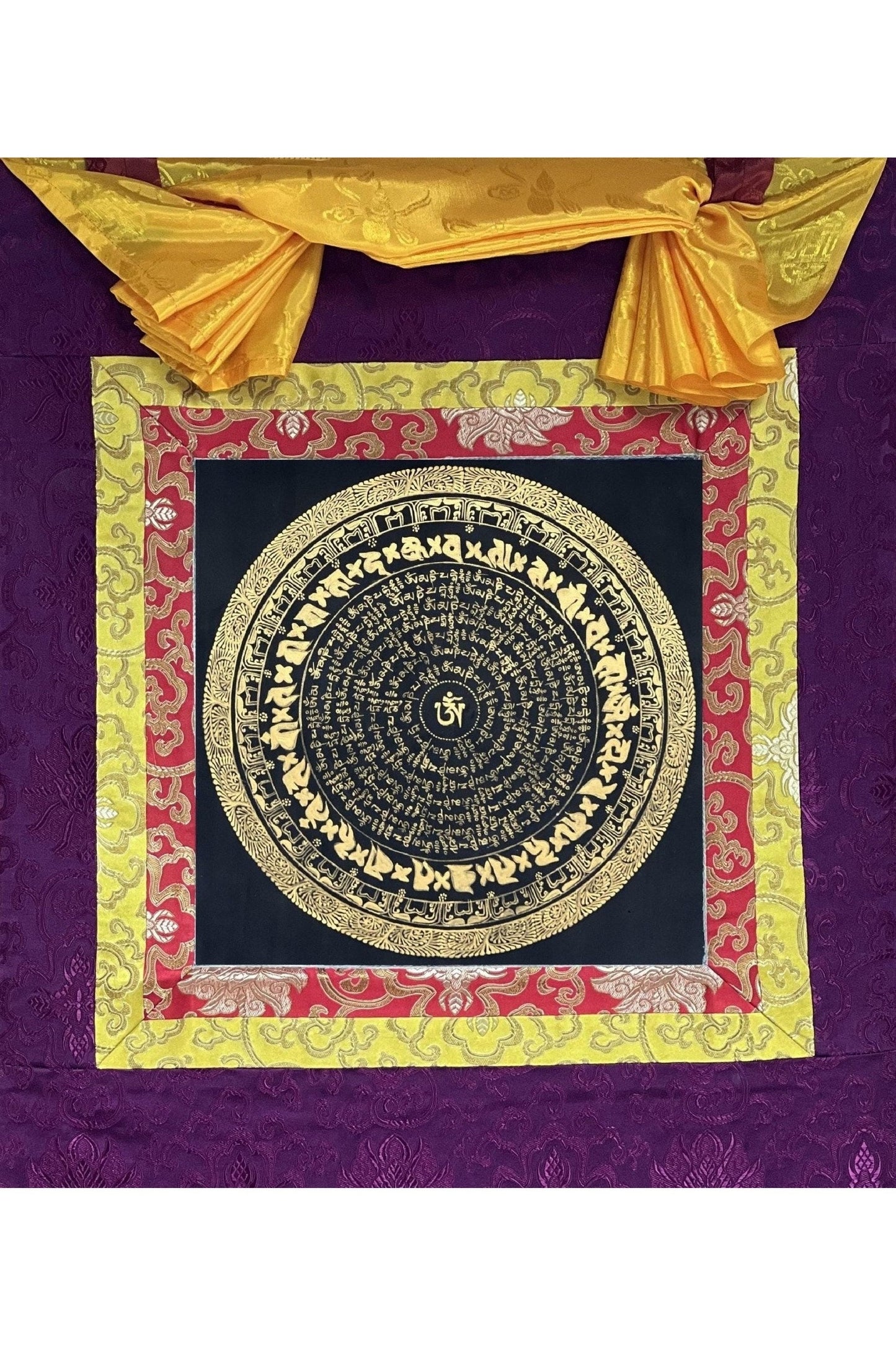 Om Mani Padme Hum Mantra Mandala Black and Gold Original Tibetan Thangka Painting /Meditation Art/Wall Hanging with Silk Brocade - Tibetan Thangka Art