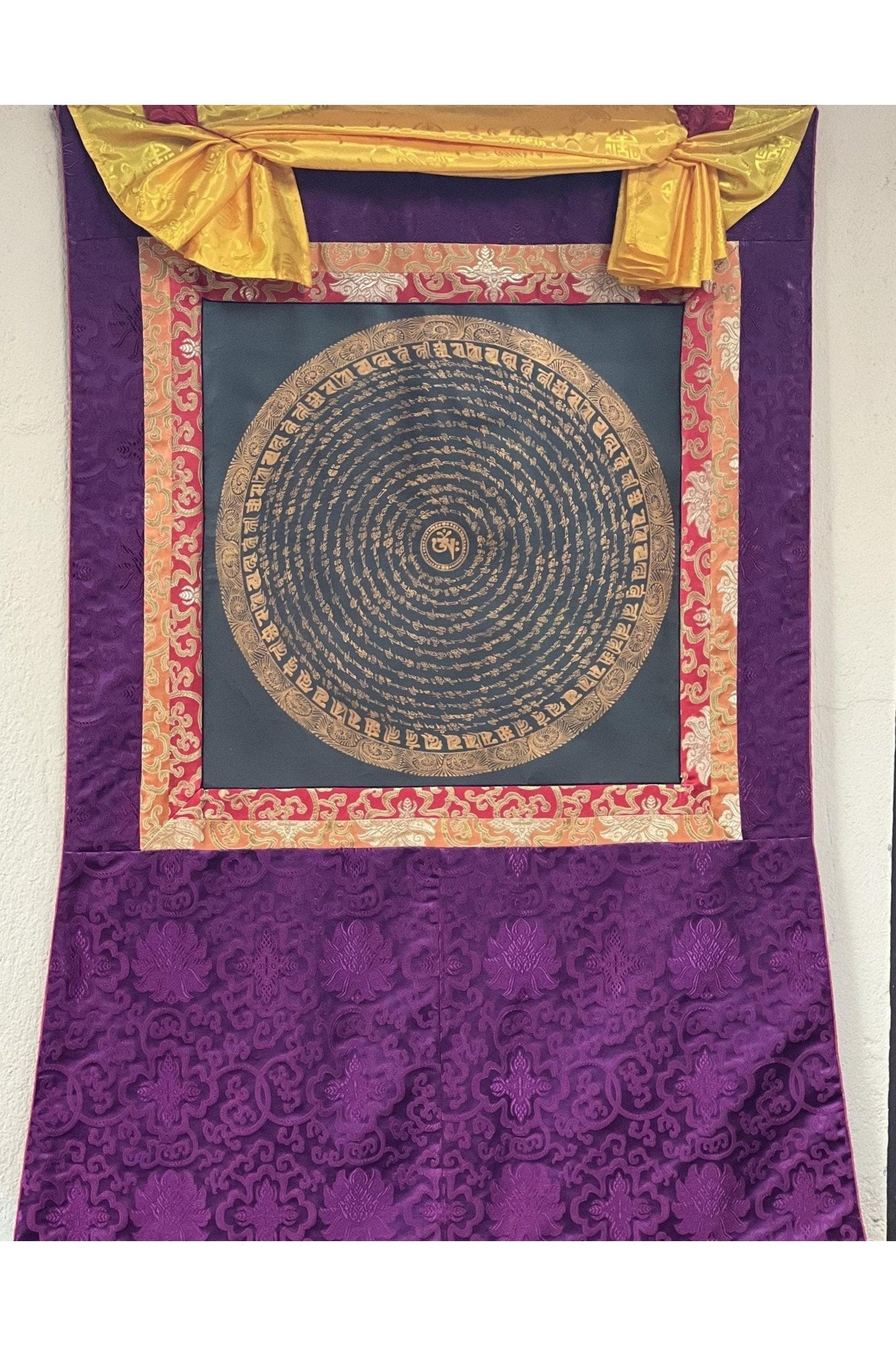 Om Mani Padme Hum Mantra Mandala Wheel of Life Old Oil Varnished Original Thangka Painting /Meditation Art/Wall Décor with Silk Brocade - Tibetan Thangka Art