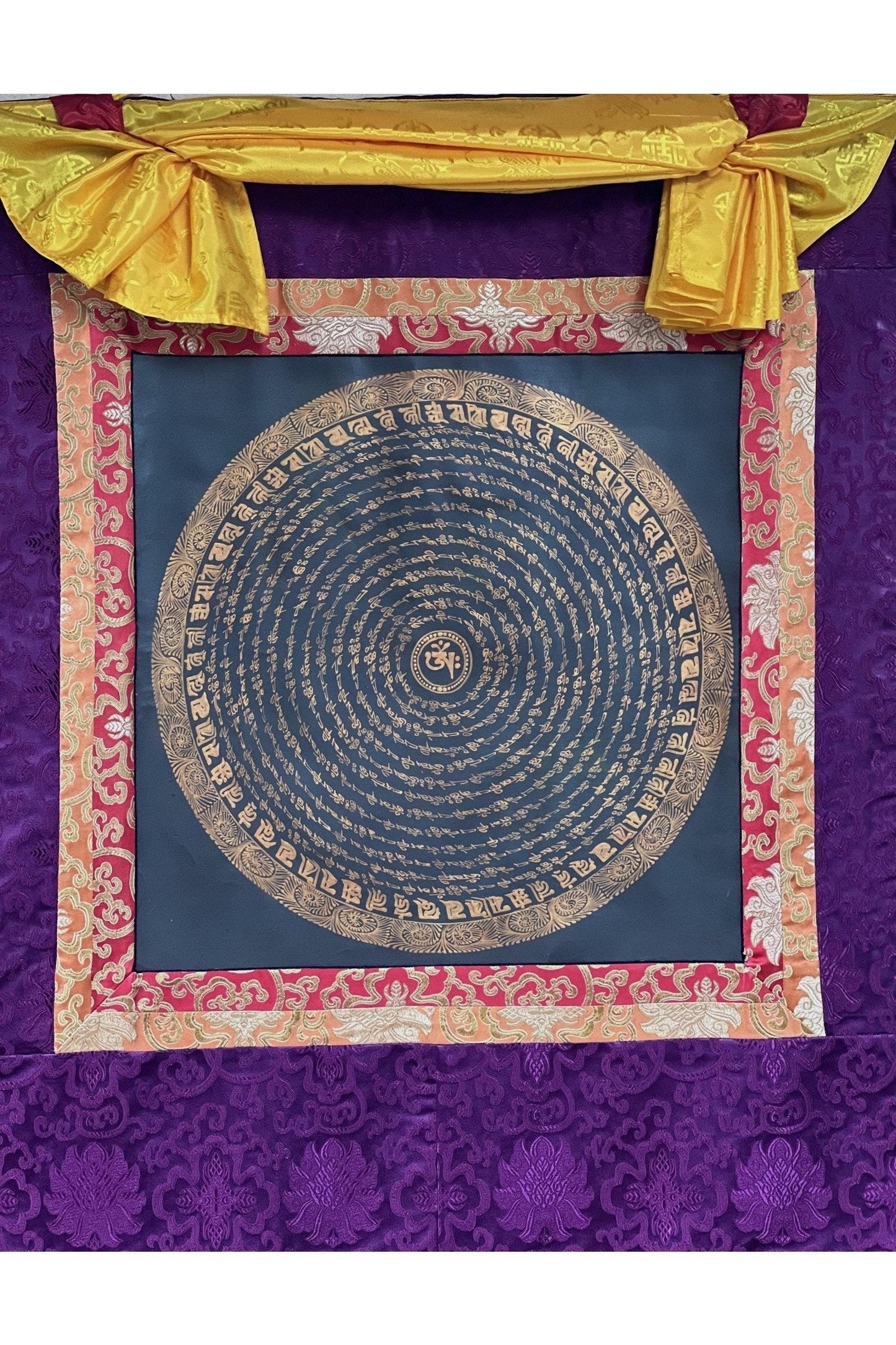Om Mani Padme Hum Mantra Mandala Wheel of Life Old Oil Varnished Original Thangka Painting /Meditation Art/Wall Décor with Silk Brocade - Tibetan Thangka Art