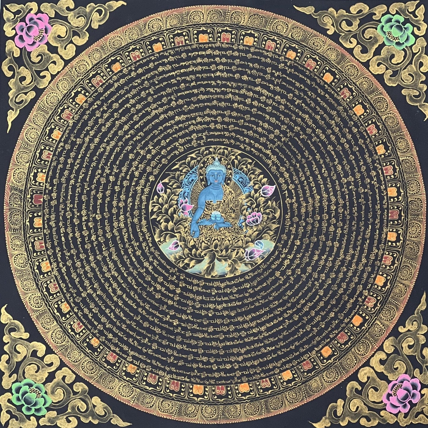 OM Mantra Mandala Art | Tibetan Thangka Wall Hanging from Nepal | Sacred Meditation Painting for Good Luck & Home Blessings - Tibetan Thangka Art