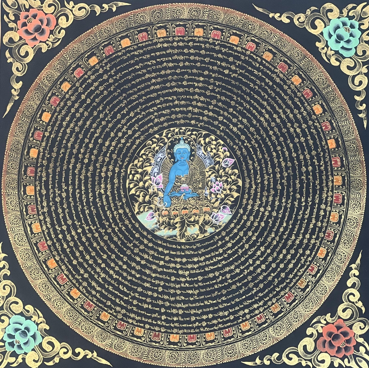OM Mantra Mandala Art | Tibetan Thangka Wall Hanging from Nepal | Sacred Meditation Painting for Good Luck & Home Blessings - Tibetan Thangka Art