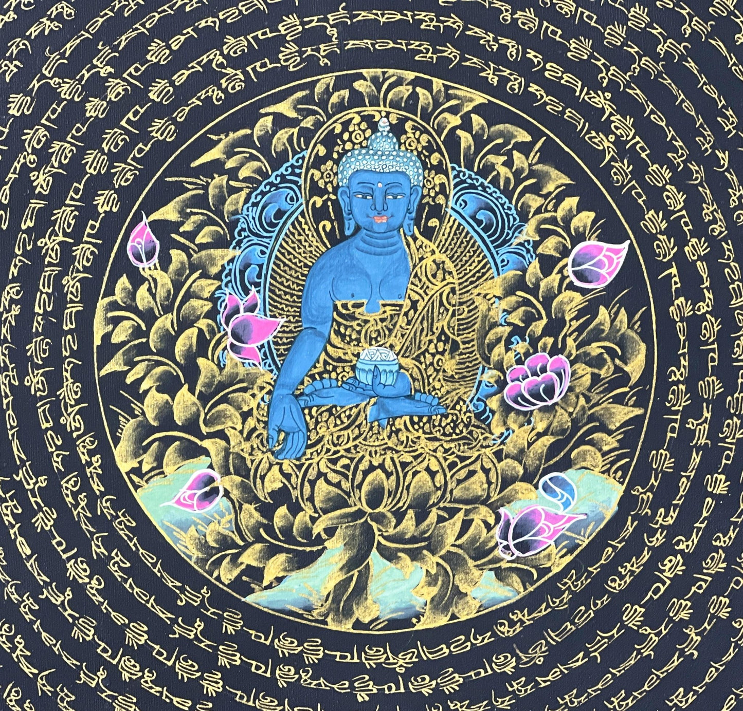 OM Mantra Mandala Art | Tibetan Thangka Wall Hanging from Nepal | Sacred Meditation Painting for Good Luck & Home Blessings - Tibetan Thangka Art