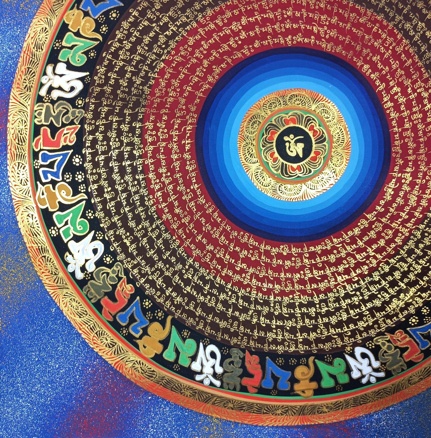 OM Mantra Mandala Art | Tibetan Thangka Wall Hanging from Nepal | Sacred Meditation Painting for Good Luck & Home Blessings - Tibetan Thangka Art